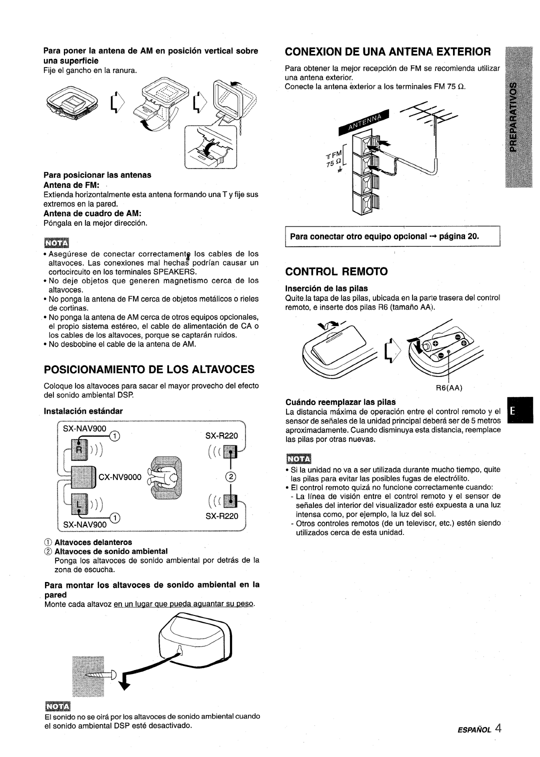 Aiwa NSX-V9000 manual Conexicn DE UNA ANTENA, Exterior, Control Remoto, POSK30NAMIENT0 DE LOS Altavoces 