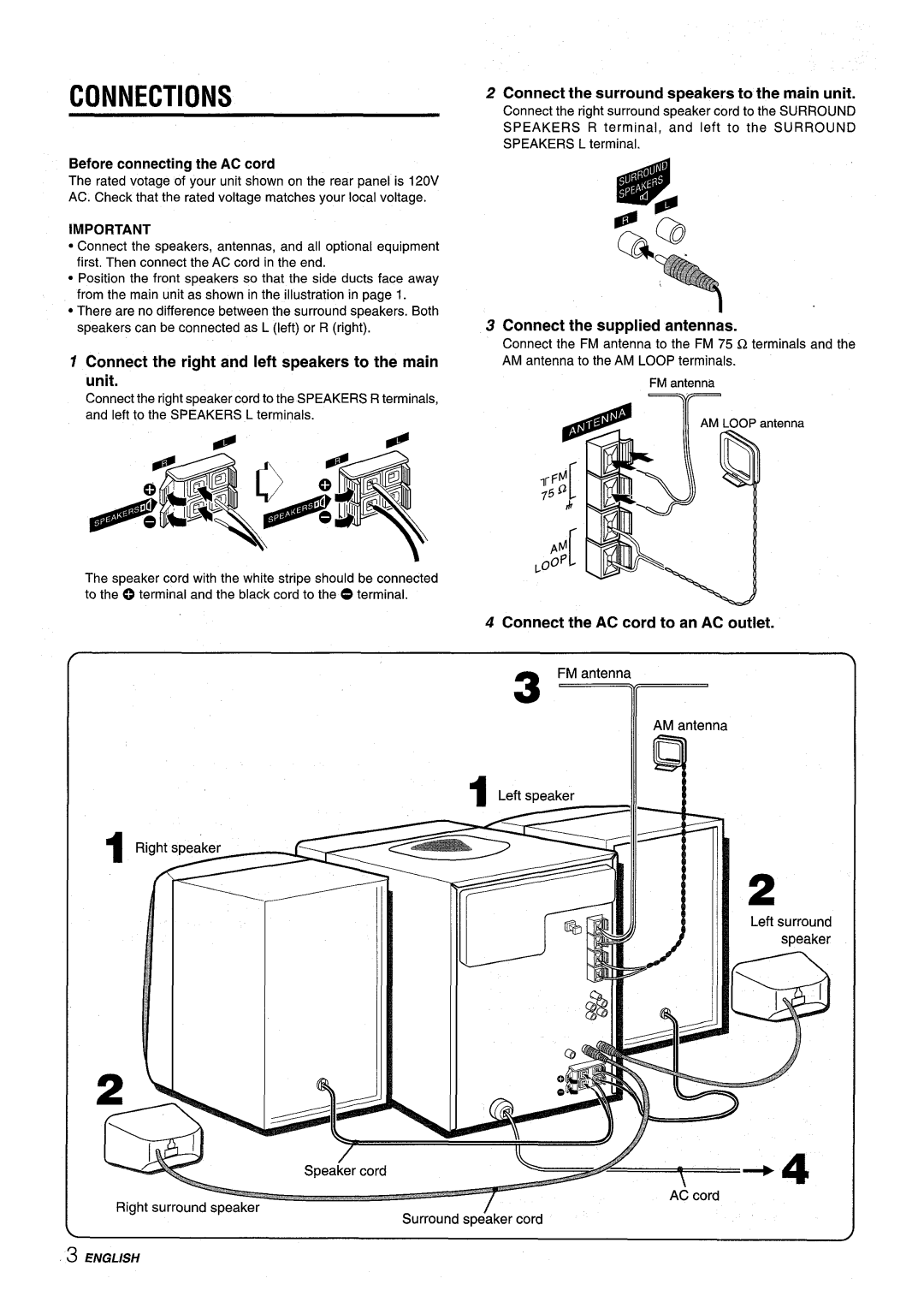 Aiwa NSX-V9000 manual Connections, Connect the right and left speakers to the main unit, Connect the supplied antennas 