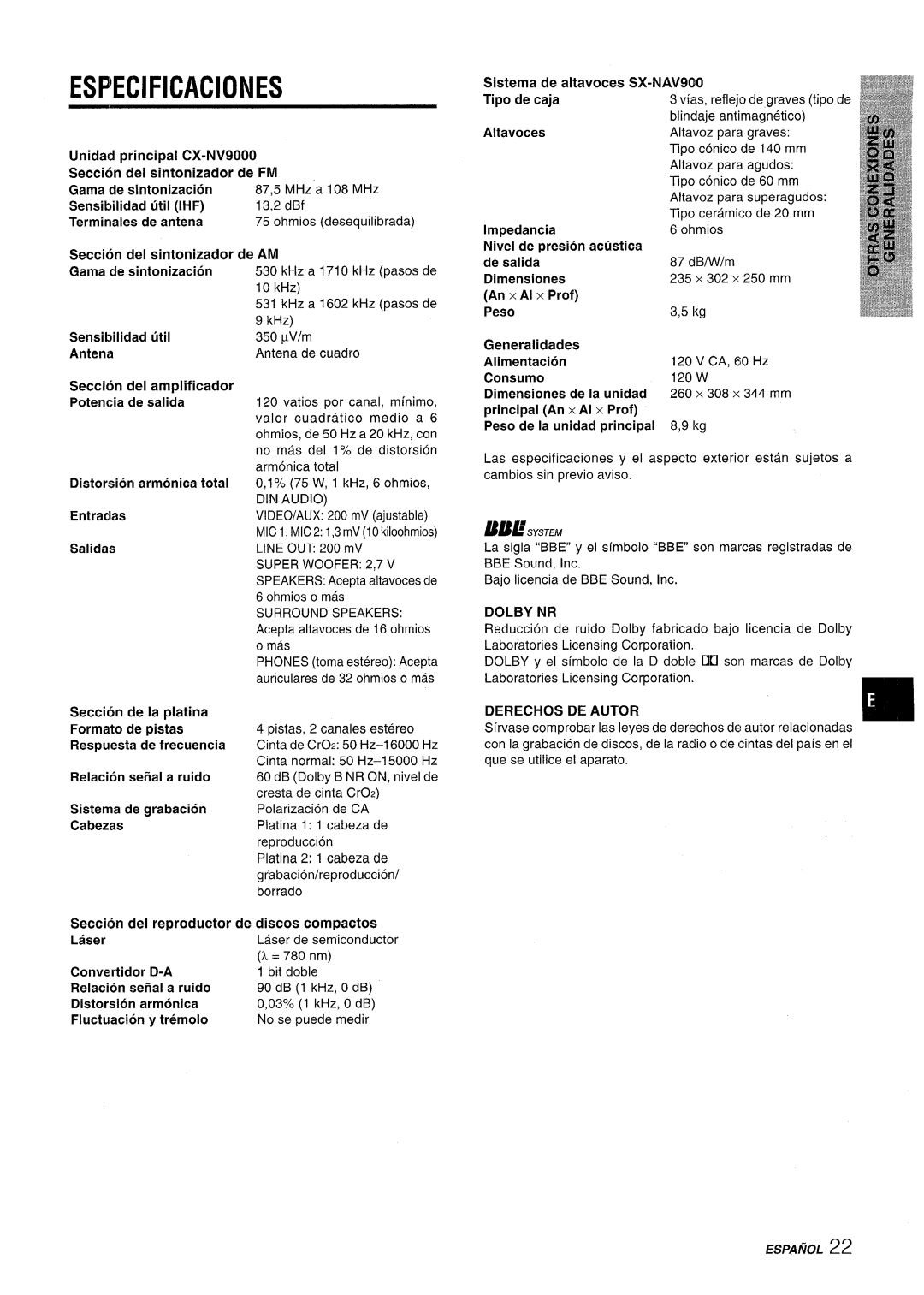 Aiwa NSX-V9000 manual Esp’Ecificaciones, Derechos 