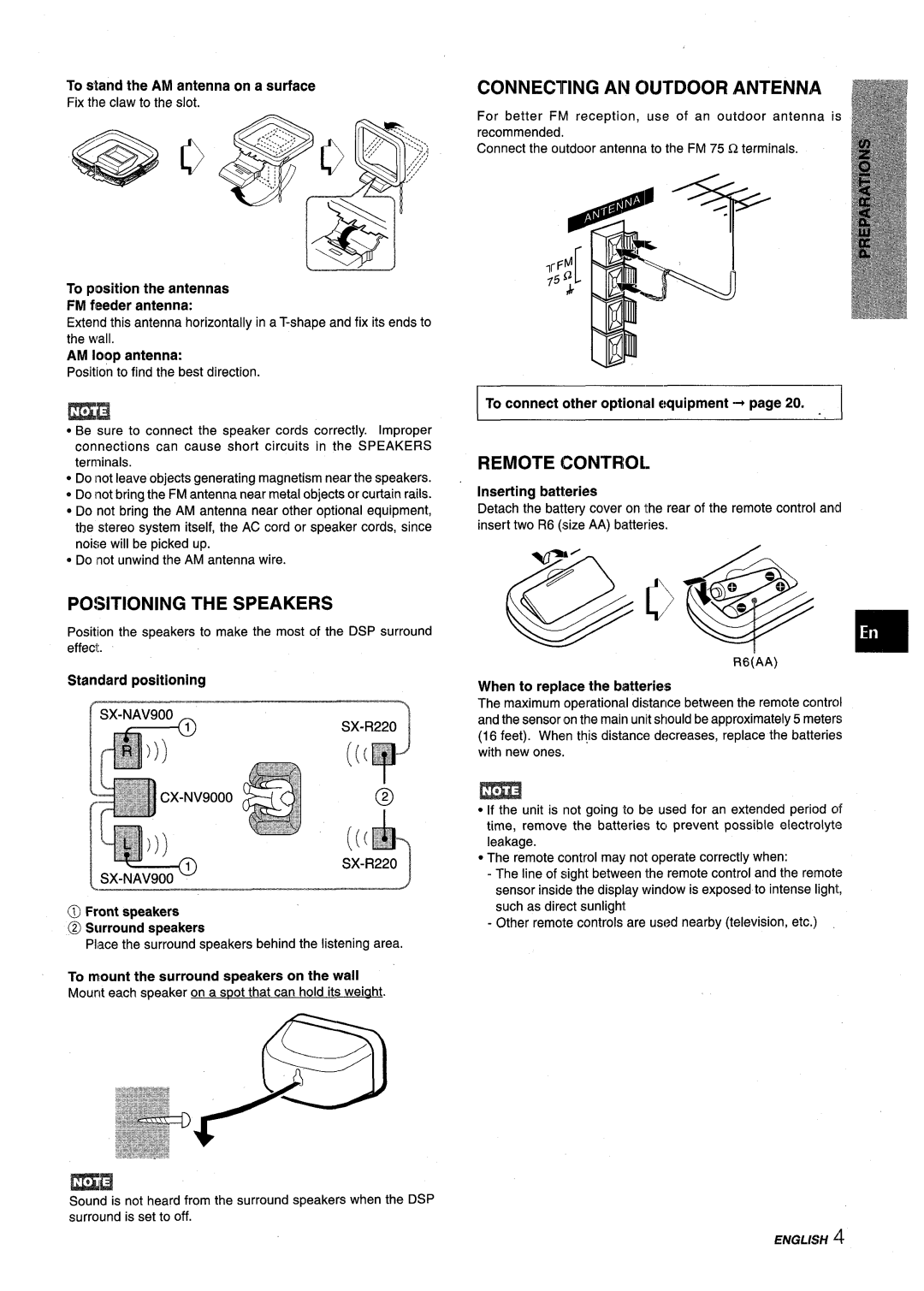 Aiwa NSX-V9000 manual Connecting AN Cnjtdoor Antenna, Remote Control, PO!NTIONING the Speakers 