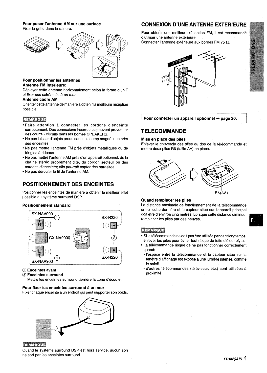 Aiwa NSX-V9000 manual Connexion D’UNE Antenne Exterieure, Telecommande, Positionnement DES Enceintes 