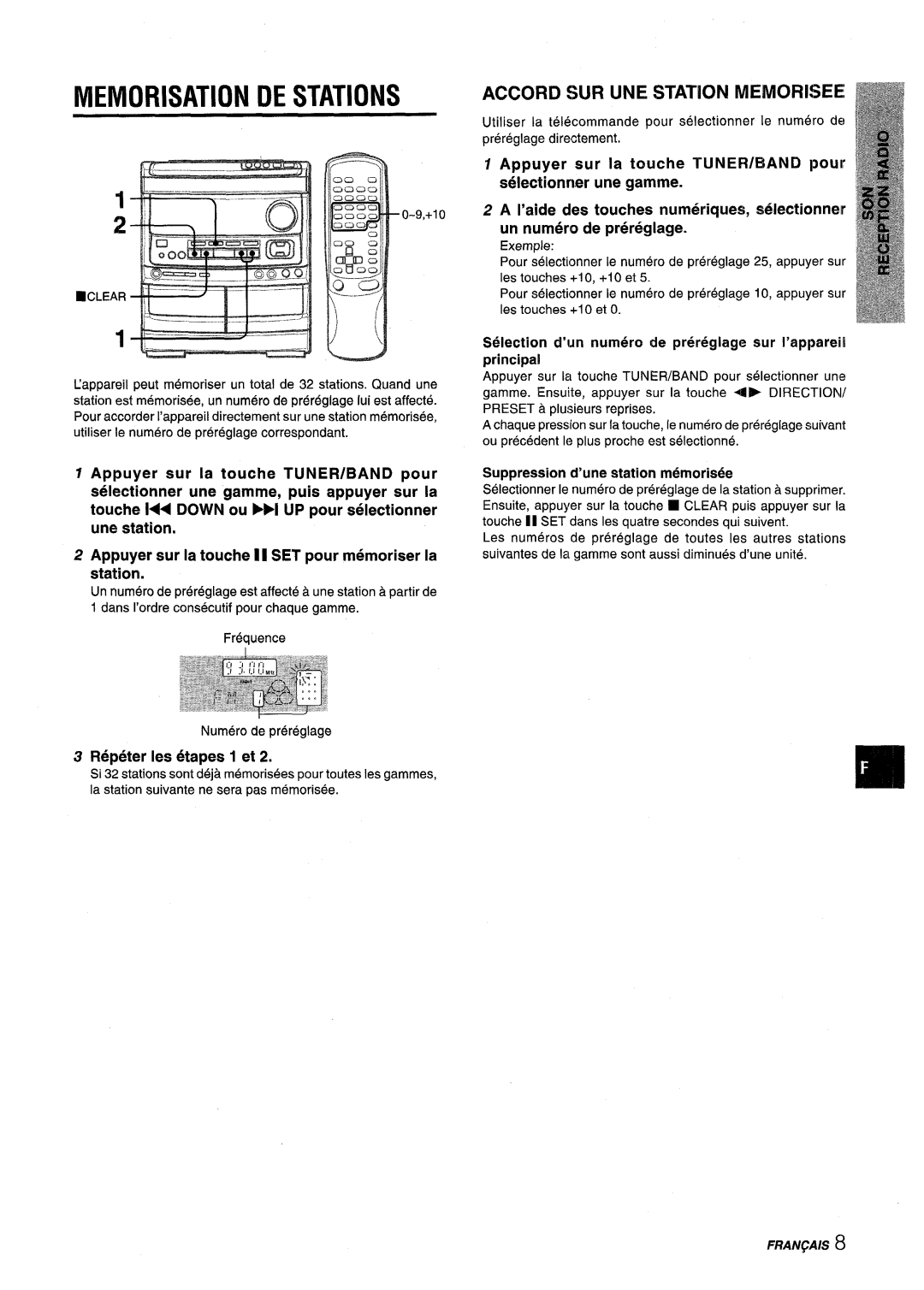 Aiwa NSX-V9000 manual Memorisation DE Stations, Accord SUR UNE Station Memorisee, Selectionn.er une gamme 