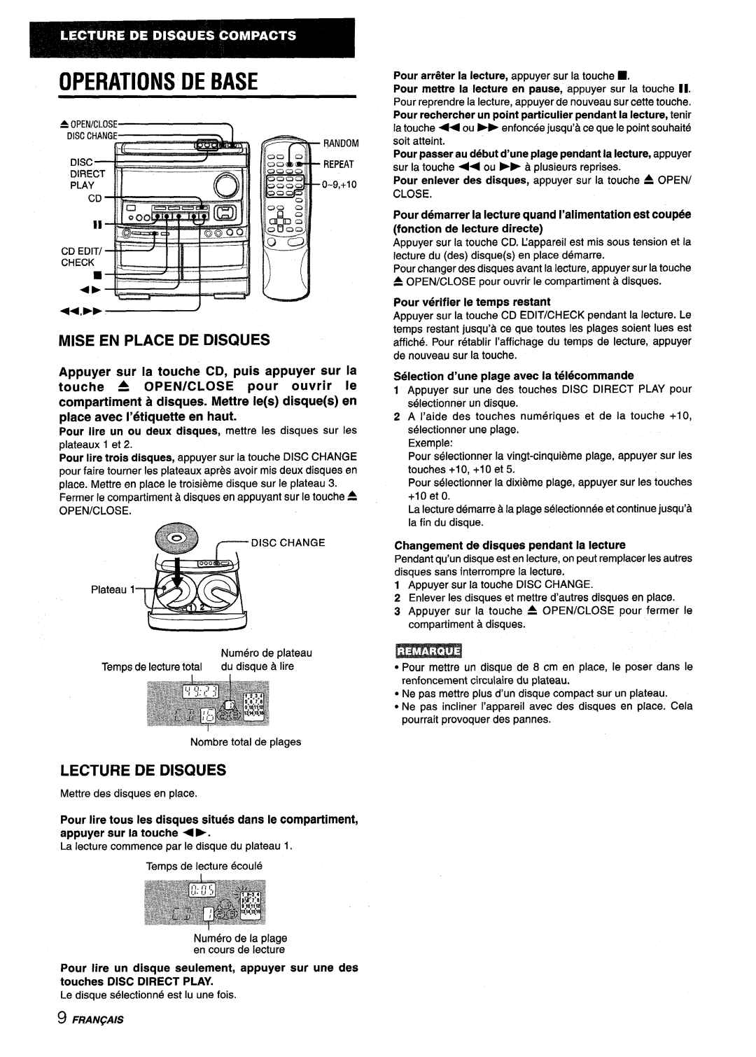 Aiwa NSX-V9000 manual Mise EN Place DE Disques, Lecture DE Disques, Pour verifier Ie temps restant 