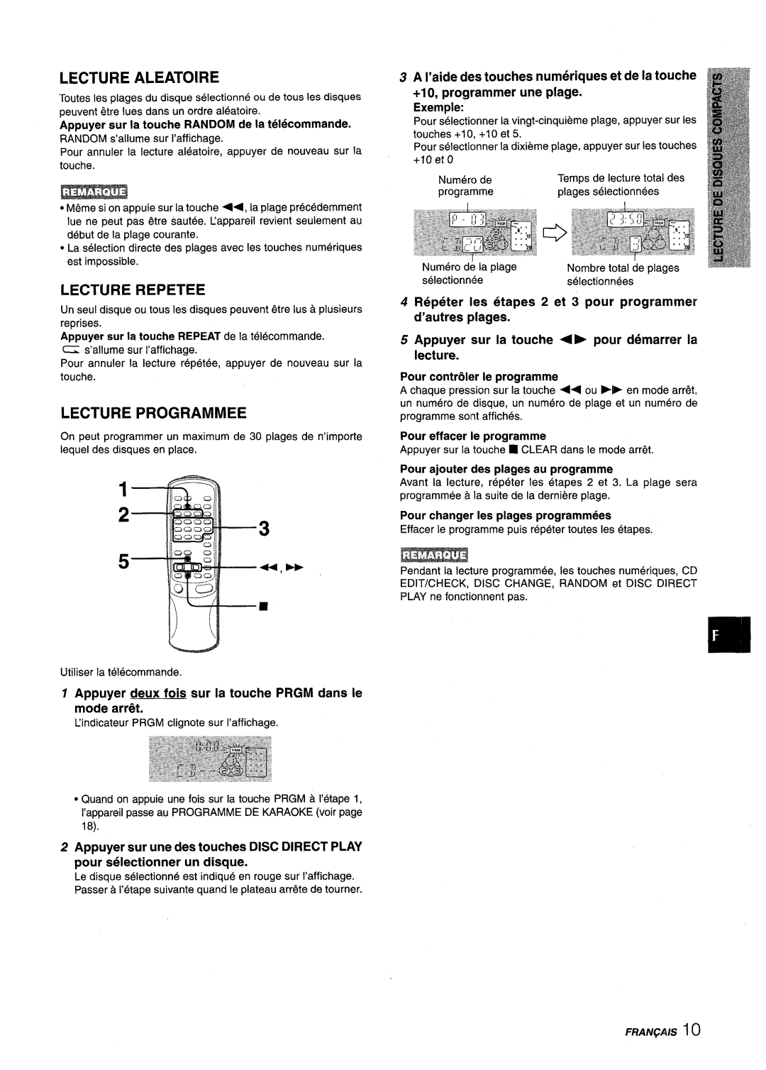 Aiwa NSX-V9000 manual Lecture Aleatoire, Lecture Repetee, Lecture Programmed, Etapes 2 et 3 pour programmer 