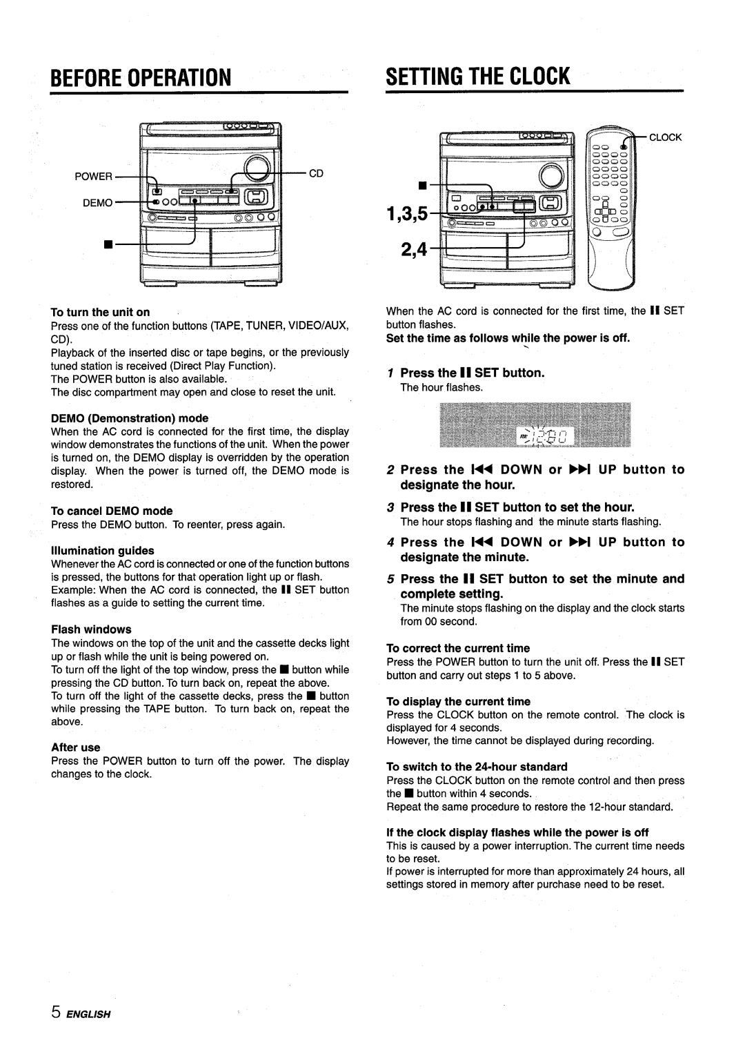 Aiwa NSX-V9000 manual Before Operation, Setting the Clock 