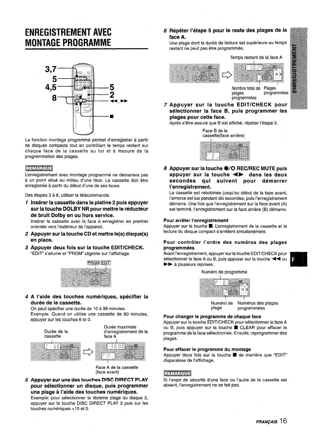 Aiwa NSX-V9000 manual Enregistrement Avec Montage Programme, Repeter i’6tape 5 pour Ie reste des plages de la face a 