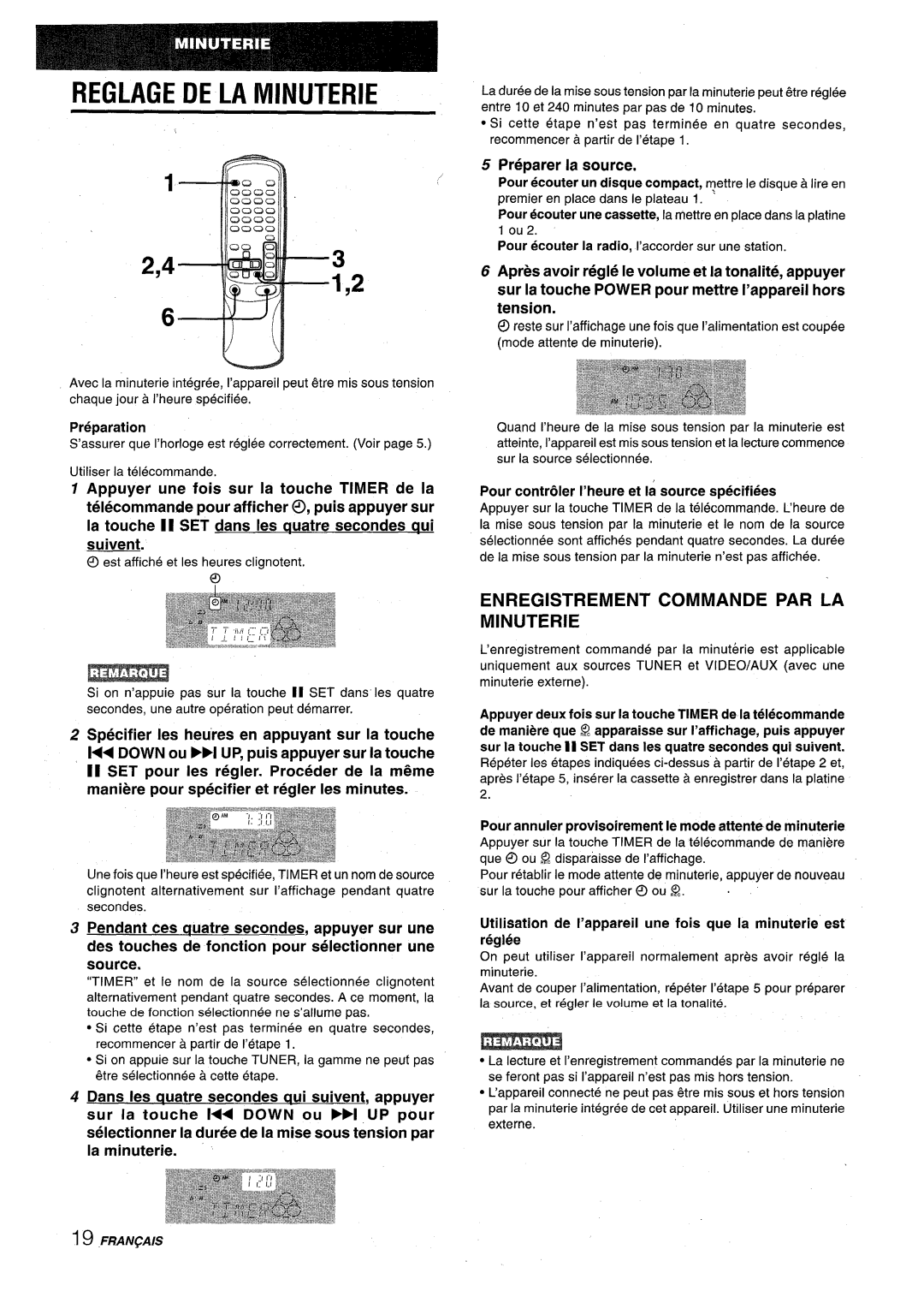 Aiwa NSX-V9000 manual Reglage DE LA Minuterie, Enregistrement Commande PAR LA Minuterie, Preparer la source 