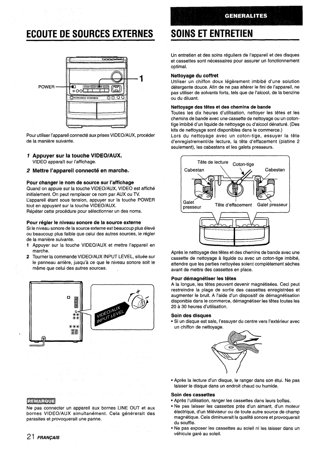 Aiwa NSX-V9000 Ecoute DE Sources Externes Soins ET Entretien, Mettre I’appareil connecte en marche, Nettoyage du coffret 