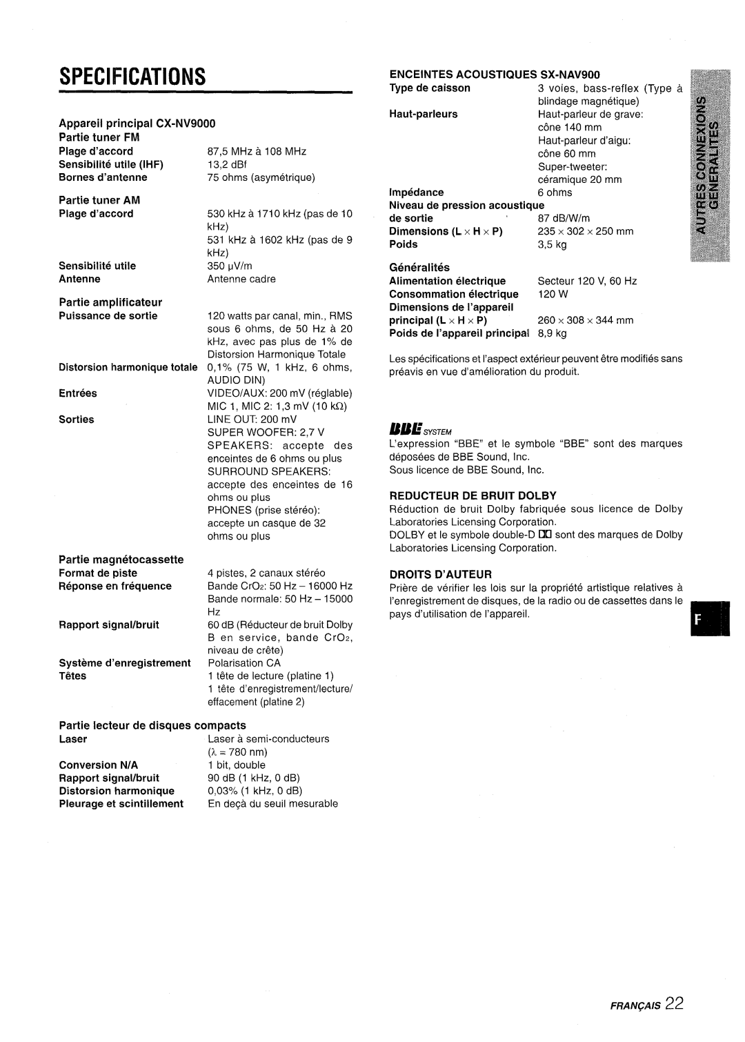 Aiwa NSX-V9000 manual Enceintes Acoustiques SX-NAV900, Reducteur DE Bruit Dolby, Droits D’AUTEUR 