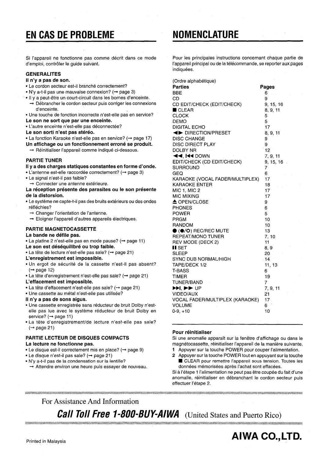 Aiwa NSX-V9000 manual Down, Generalities, Partie Tuner, Partie Magnetocassette 