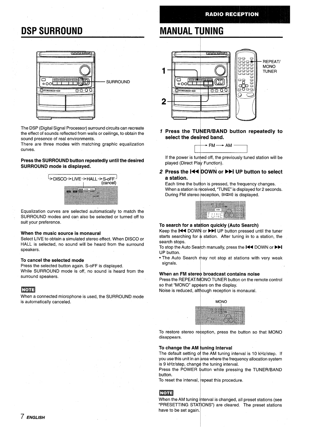 Aiwa NSX-V9000 manual Dspsurround, Manual Tuning, Press the l Down or H UP button to select t Station 