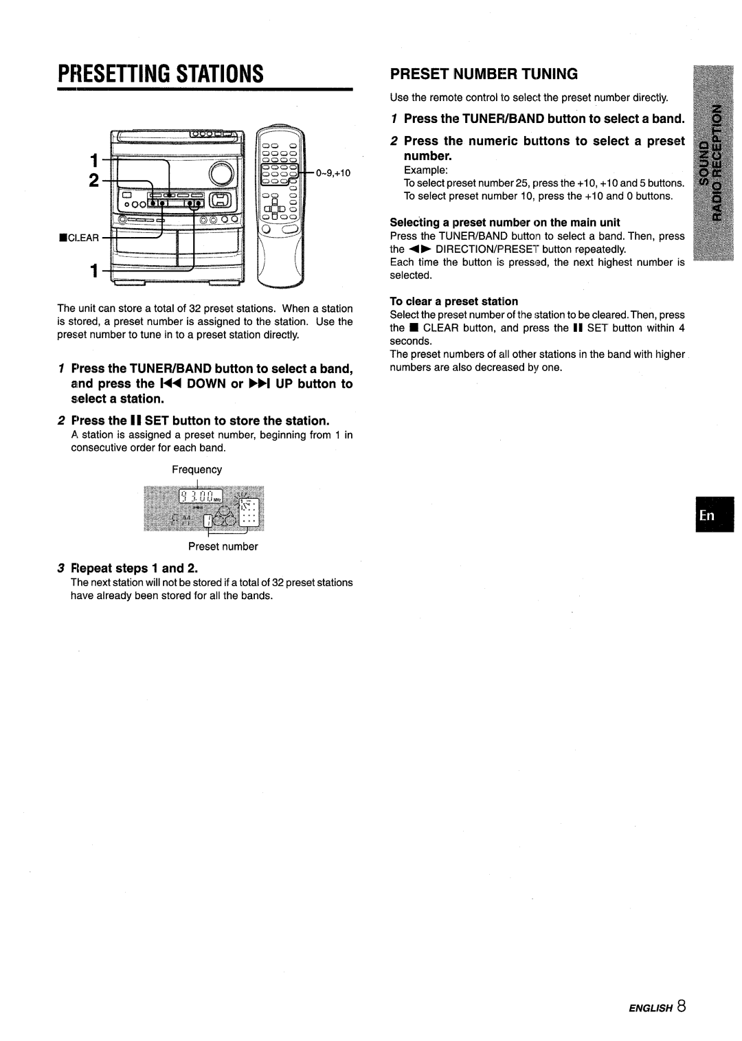 Aiwa NSX-V9000 Presetting Stations, Preset Inumber Tijning, Flepeat steps 1, Selecting a preset number on the main unit 