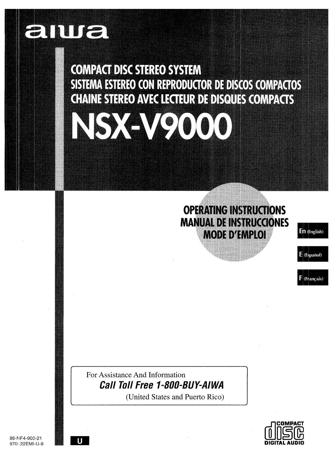 Aiwa NSX-V9000 manual dliT!E, Call Toll Free l-8110-BUY-AIWA, For Assistance And Information 