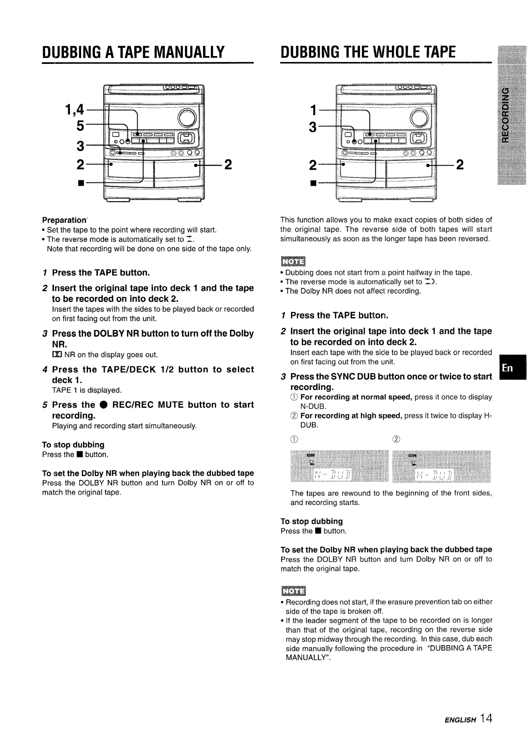 Aiwa NSX-V9000 Dubbing The ‘Whole Tape, Dubbing A Tape Manually, HVGL/SH14, Press the TAPE button, recording, Preparation’ 