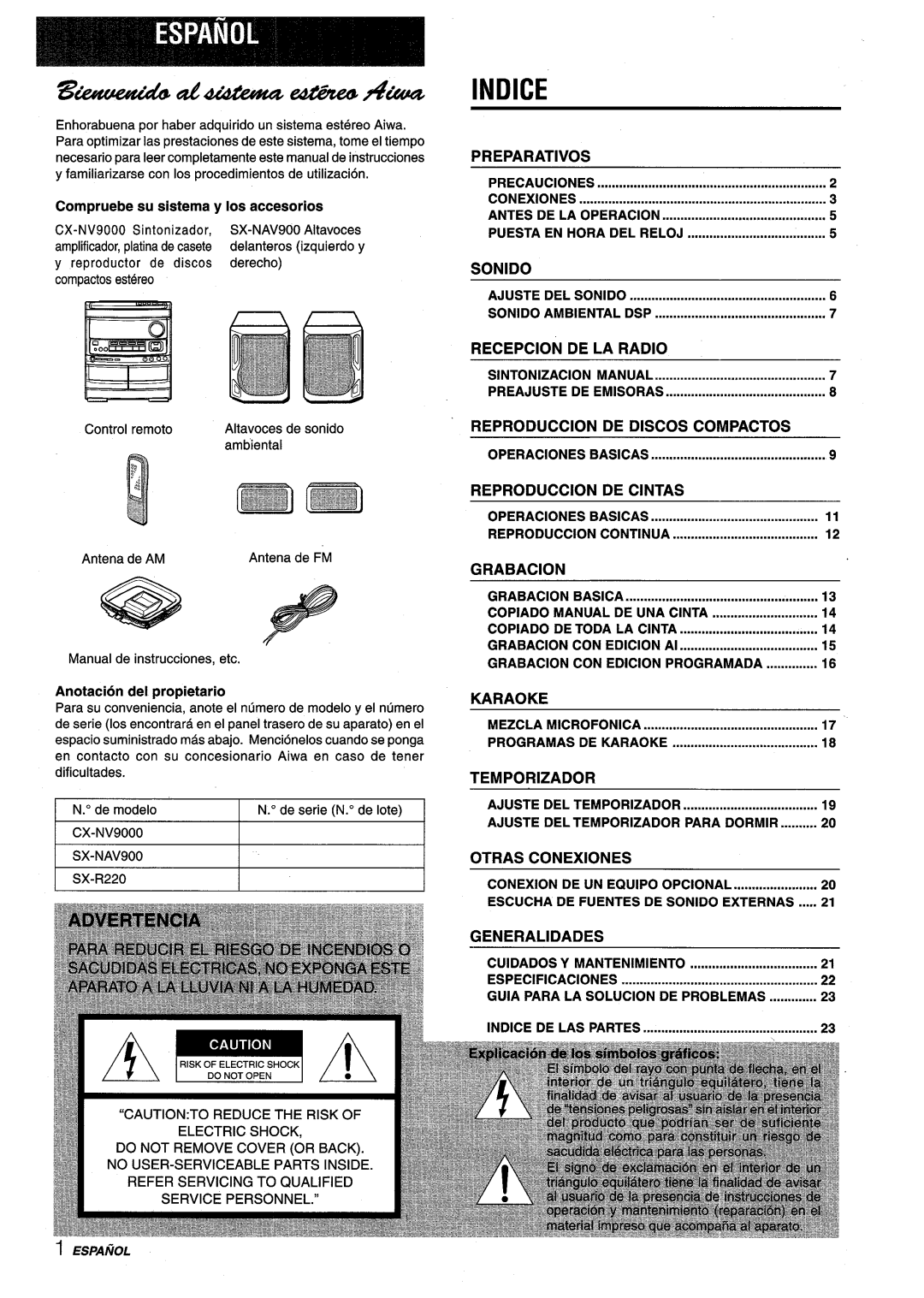 Aiwa NSX-V9000 awf?#&bae &a2#zae42af?4Aka“, Indice, Preparatives, Sonido, Recepcion, De La Radio, Reproduction, De Discos 