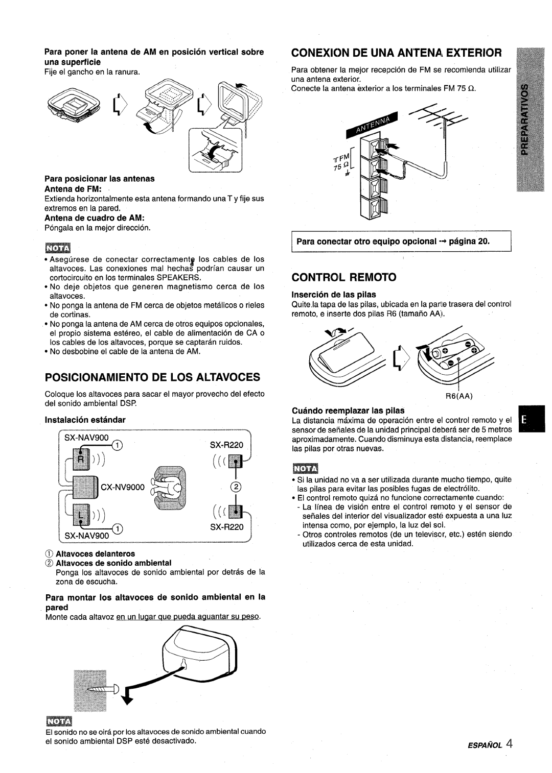 Aiwa NSX-V9000 manual LW -l, Conexicn De Una Antena, Exterior, Control Remoto, POSK30NAMIENT0 DE LOS ALTAVOCES 