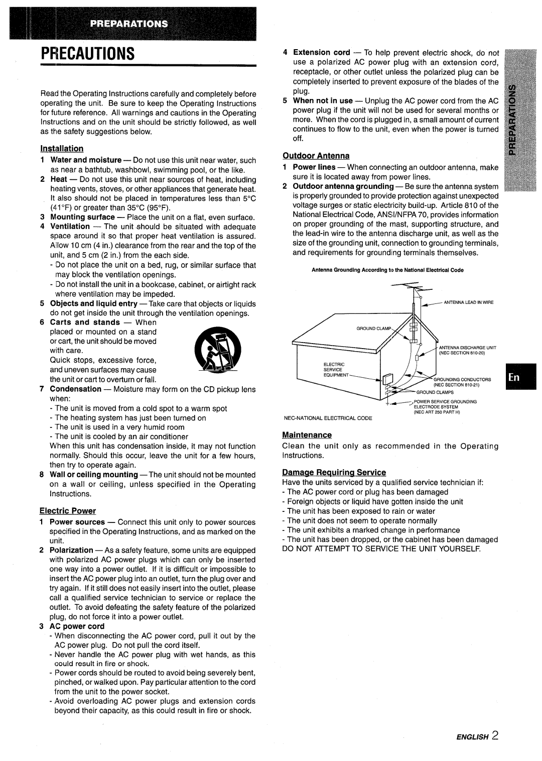 Aiwa NSX-V9000 manual Precautions, Instillation, Outdoor Antem, Electric Power, AC power cord, Maintenance 