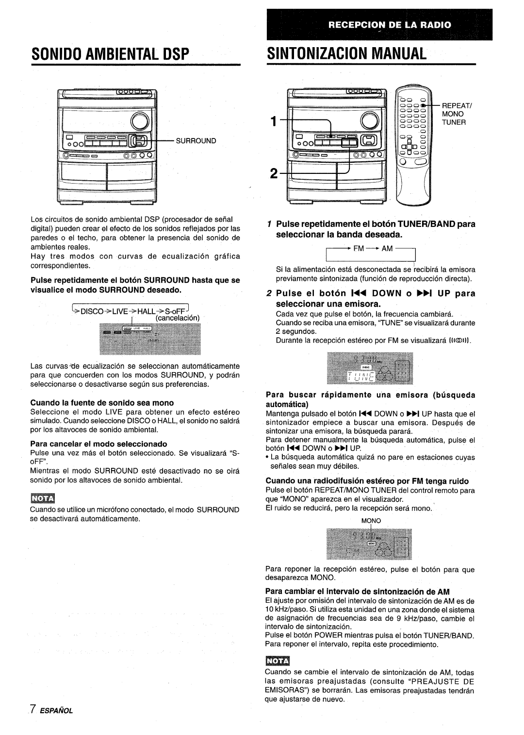 Aiwa NSX-V9000 manual Sonido Ambiental Dsp, Sintonizacion Manual, Fm- Am, Cuando la fuente de sonido sea mono 
