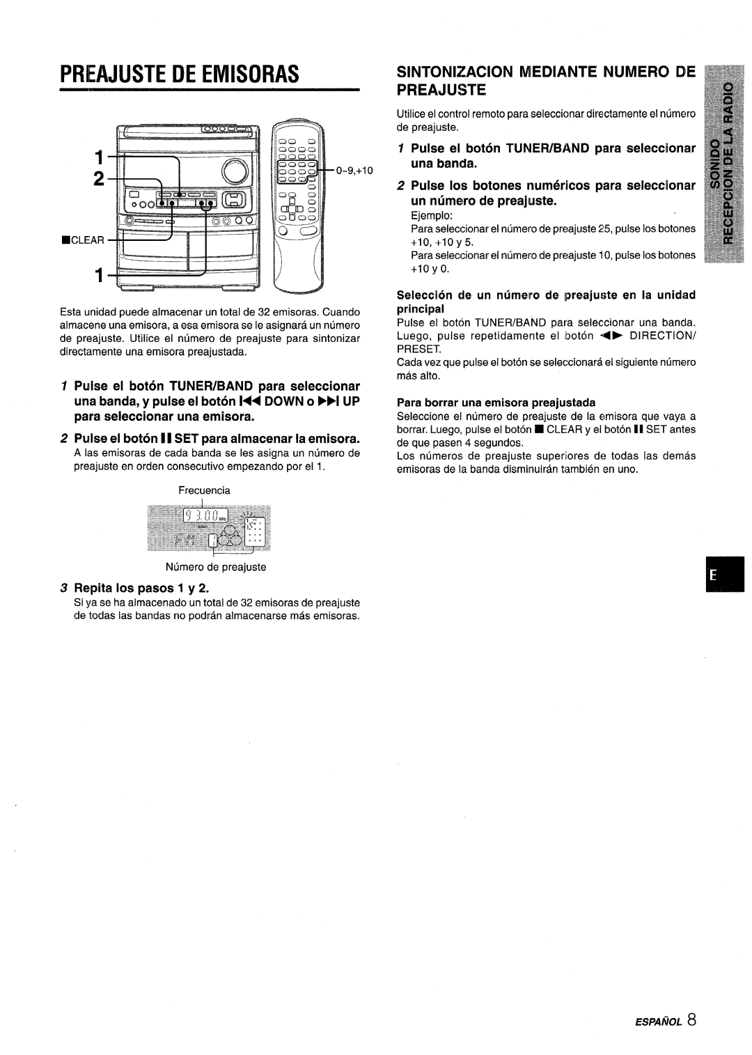 Aiwa NSX-V9000 manual PREliJUSTE DE EMISORAS, SINTON12!ACION MEDIANTE NUMERO DE PREAJUSTE, Repita Ios pasos 1 y 