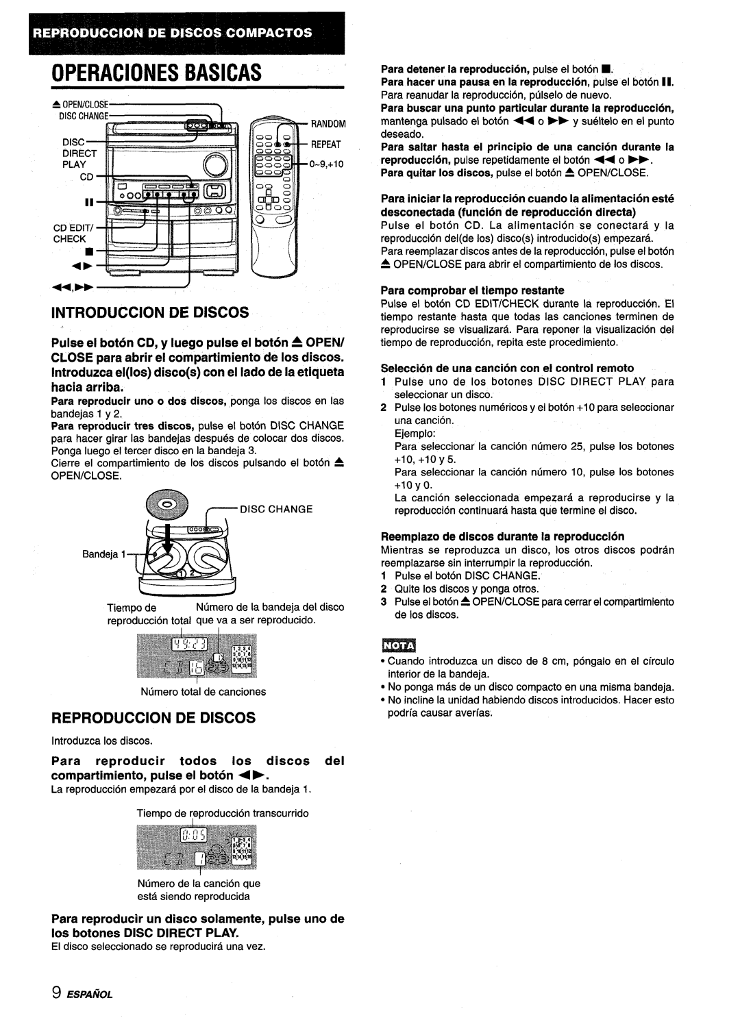 Aiwa NSX-V9000 Operaciones Basicas, Introduction De Discos, Reproduction De Discos, Para comprobar ei tiempo restante 