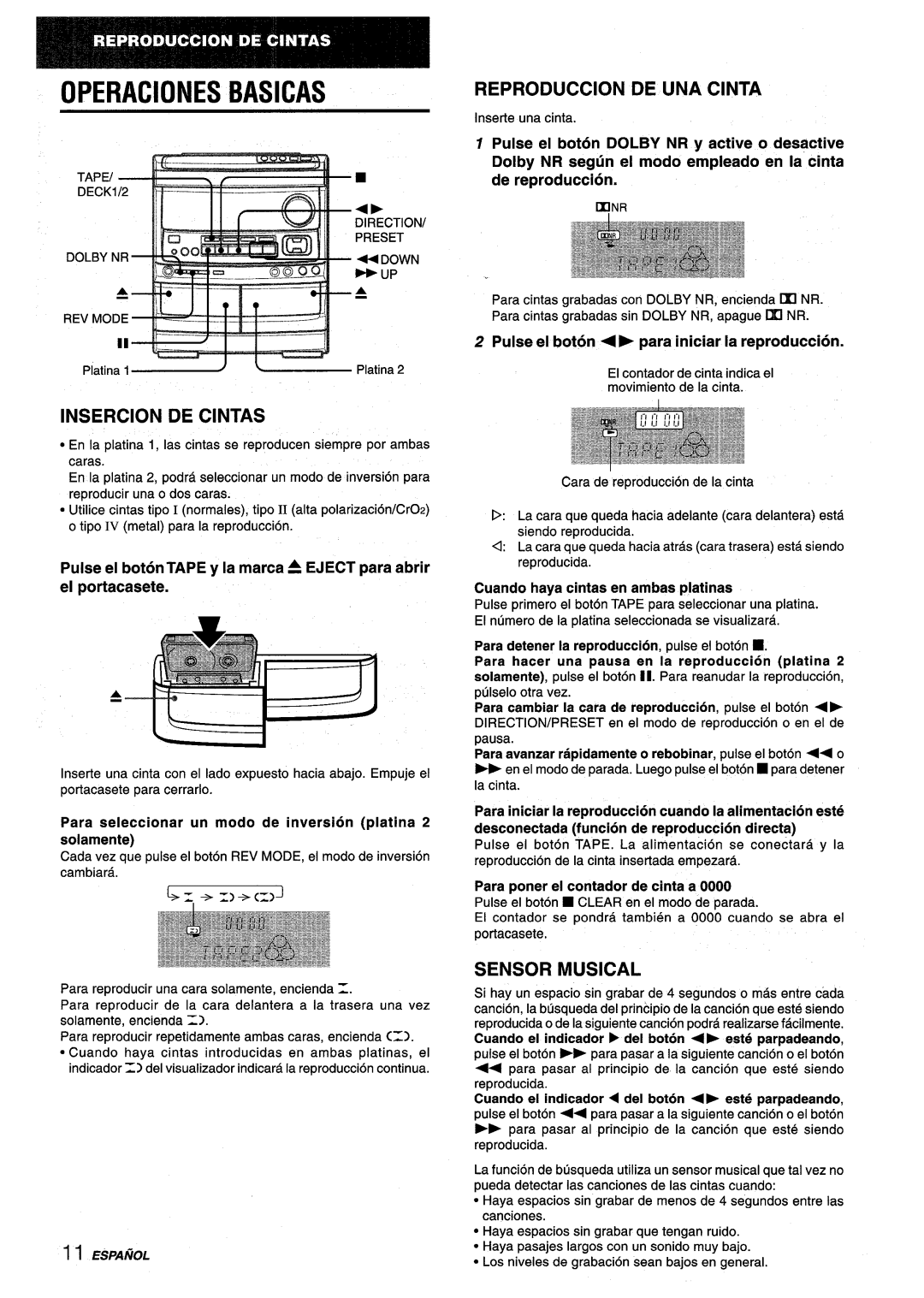 Aiwa NSX-V9000 manual Insercion De Cintas, Reproduction De Una Cinta, Sensor Musical, ESPAfiOL, Operaciones Basicas 