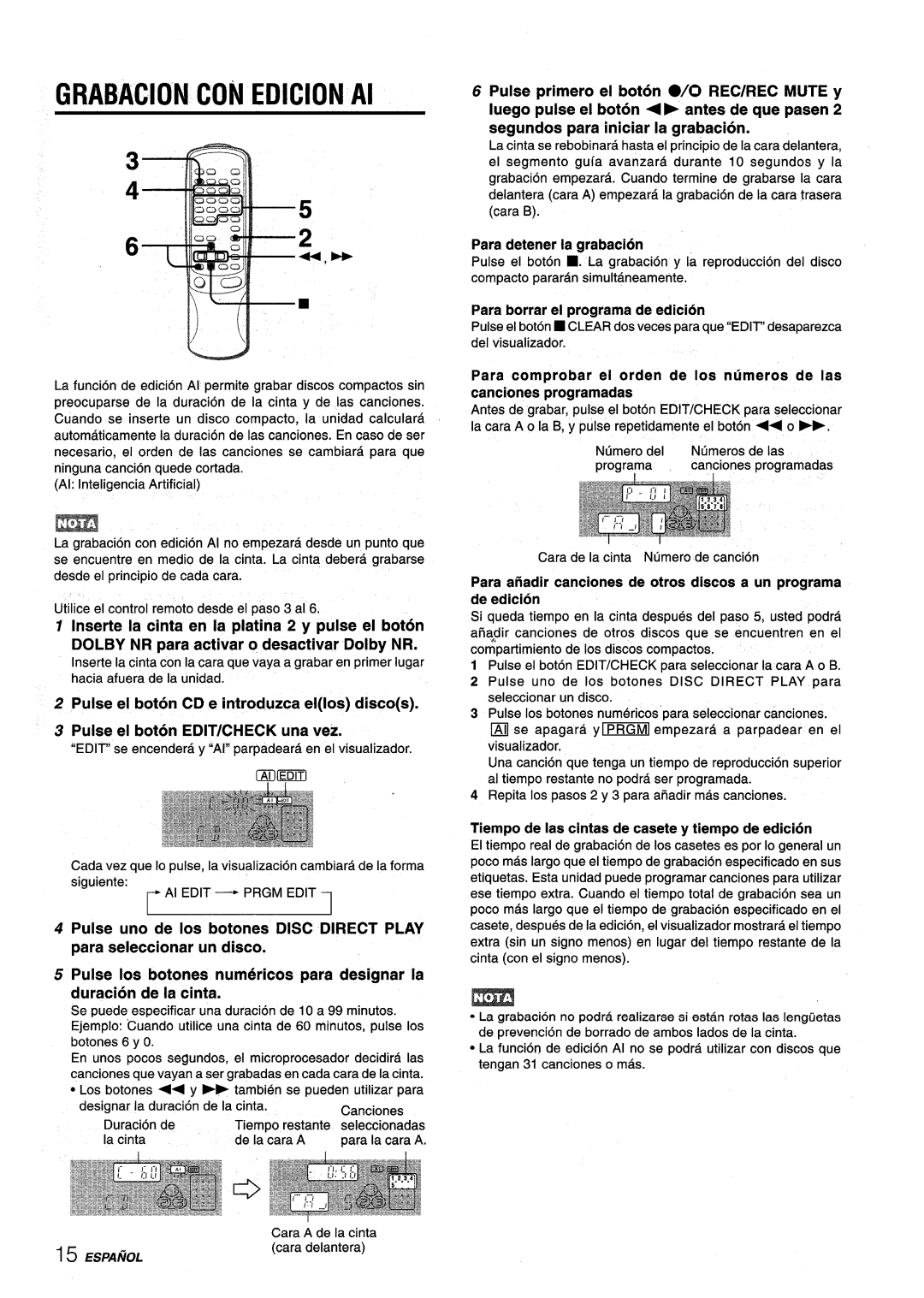 Aiwa NSX-V9000 GRABACION CON EDICION Al, Inserte la cinta en la platina 2 y pulse el boton, Para detener la grabacion 