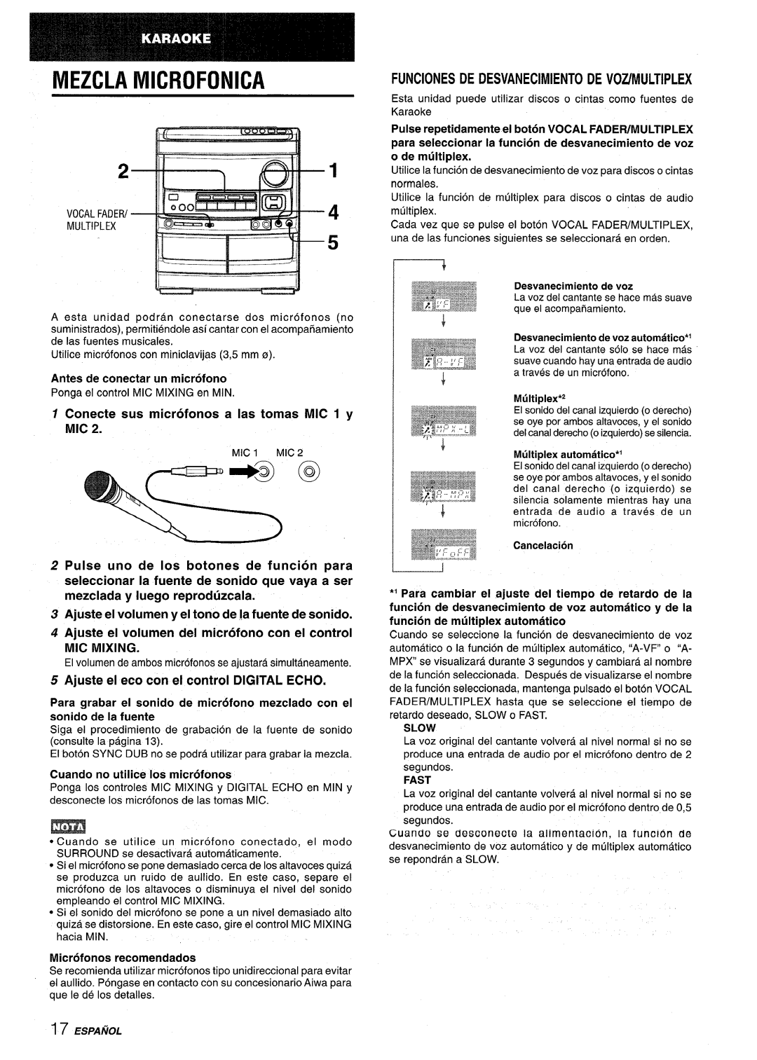 Aiwa NSX-V9000 manual Mezcla Microfonica, FUNClONES DE DESVANECIMIENTODE VOZ/MULTIPLEX, mezclada y Iuego reproduzcala, Slow 