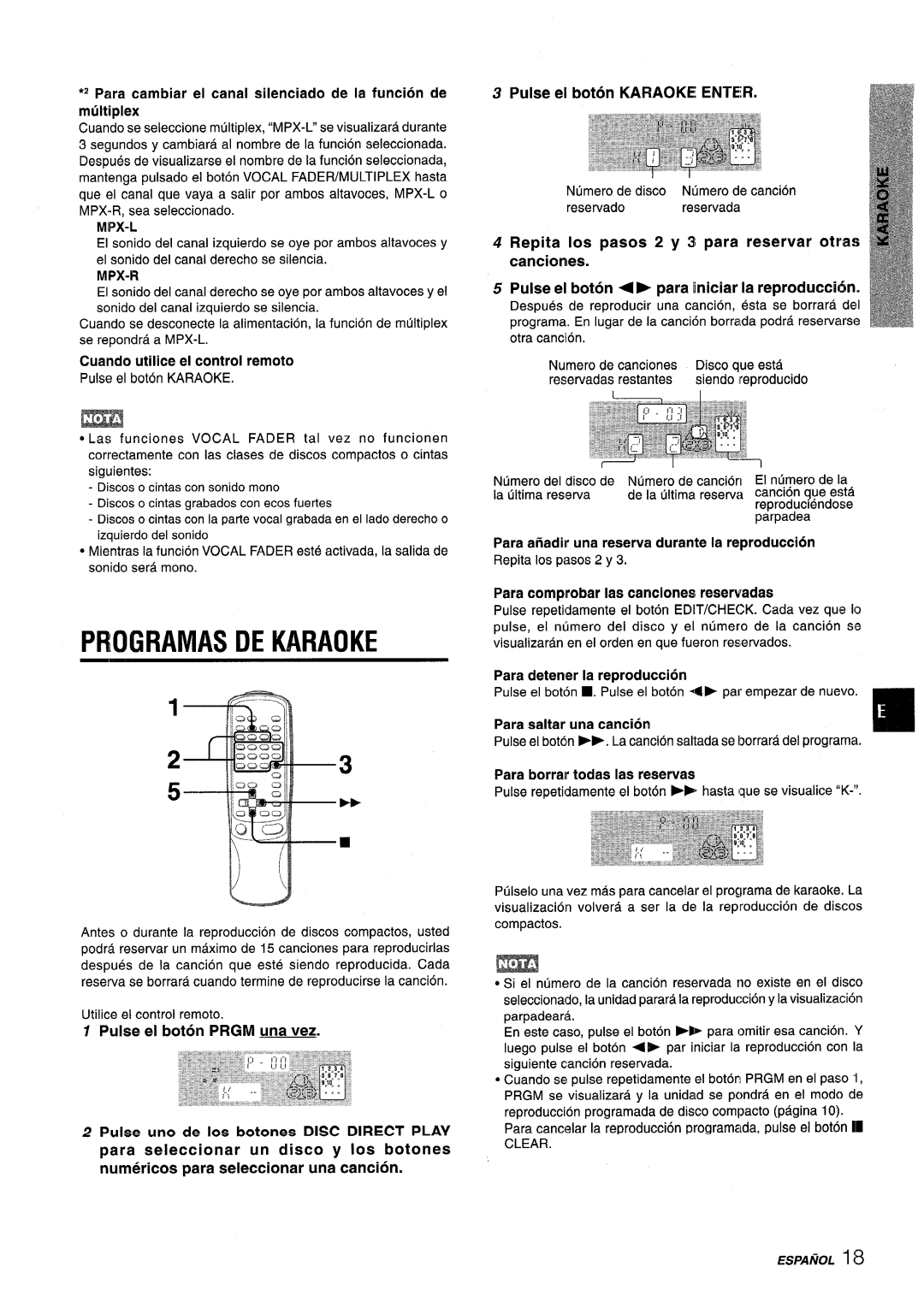Aiwa NSX-V9000 manual Programas De Karaoke, Pulse el boton PRGM una vez, Pulse el boton KARAOKE ENTER, Para, detener 