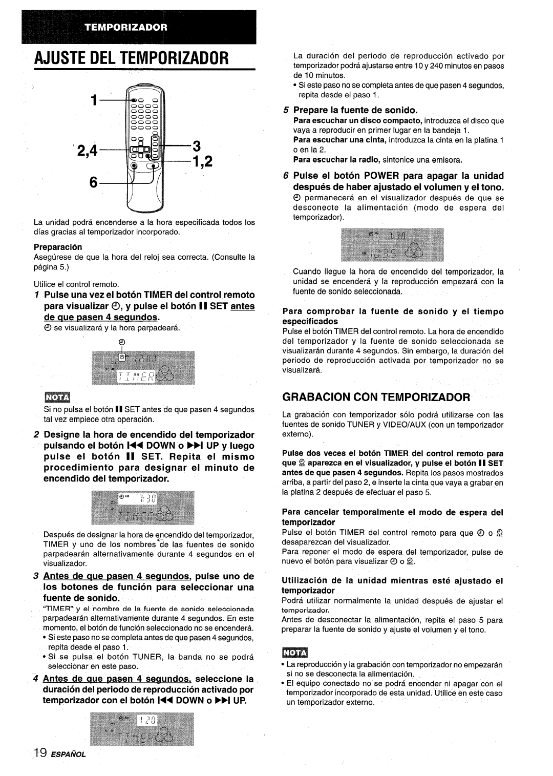 Aiwa NSX-V9000 manual ‘2,4, Grabacion Con Temporizador, procedimiento para designar el minuto de encendido del temporizador 