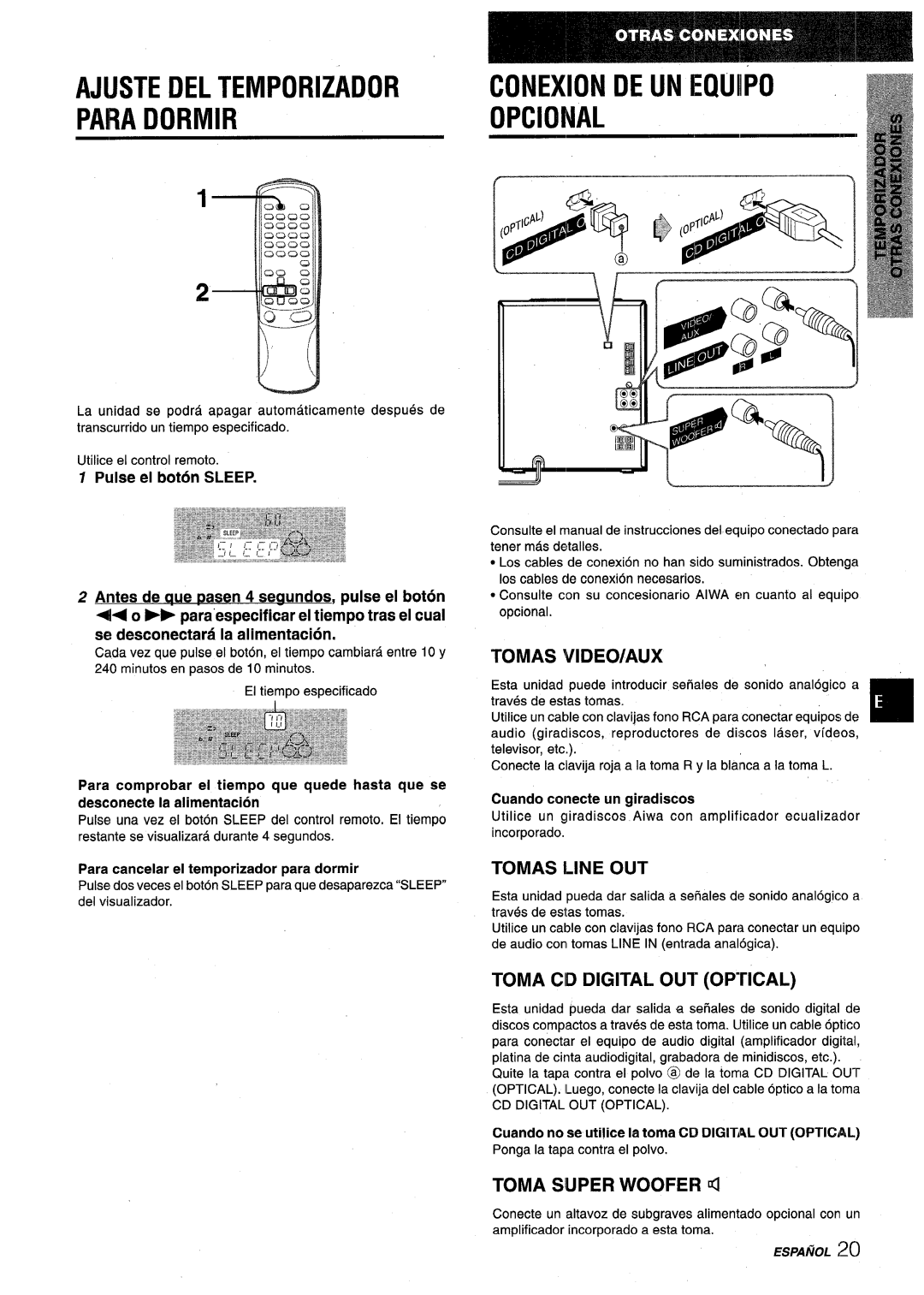 Aiwa NSX-V9000 Ajuste Del Temporizador, Para Dormir, Opcional, Conexion De Un Hiuipo, Tomas Video/Aux, Tomas Line Out 