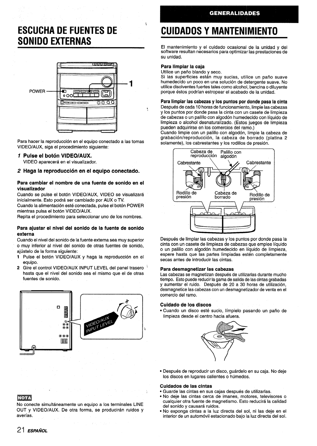 Aiwa NSX-V9000 Escucha De Fuentes De Sonido Externas, Cuidados Y Mantenimiento, L\., ,-J, Pulse el boton VIDEO/AUX, = ‘~fl 