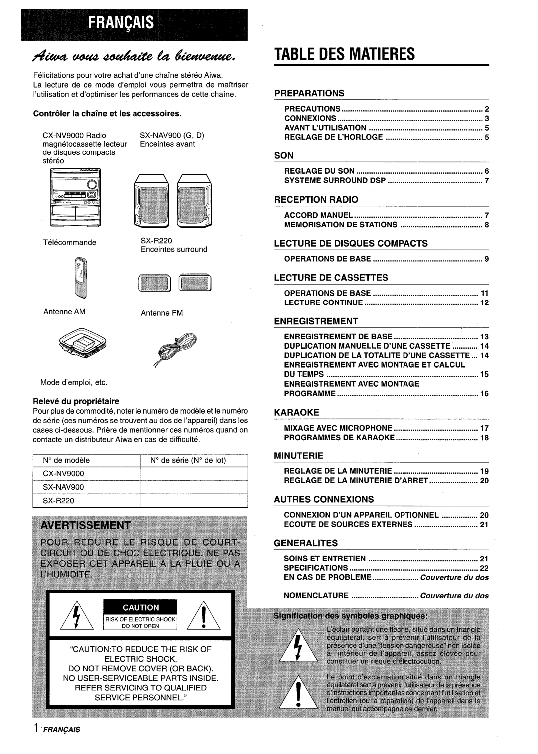 Aiwa NSX-V9000 A%wcw44ud4at%tfkzw, Table Des Matieres, Reception, Radio, Lecture, De Disques Compacts, Enregistrement 