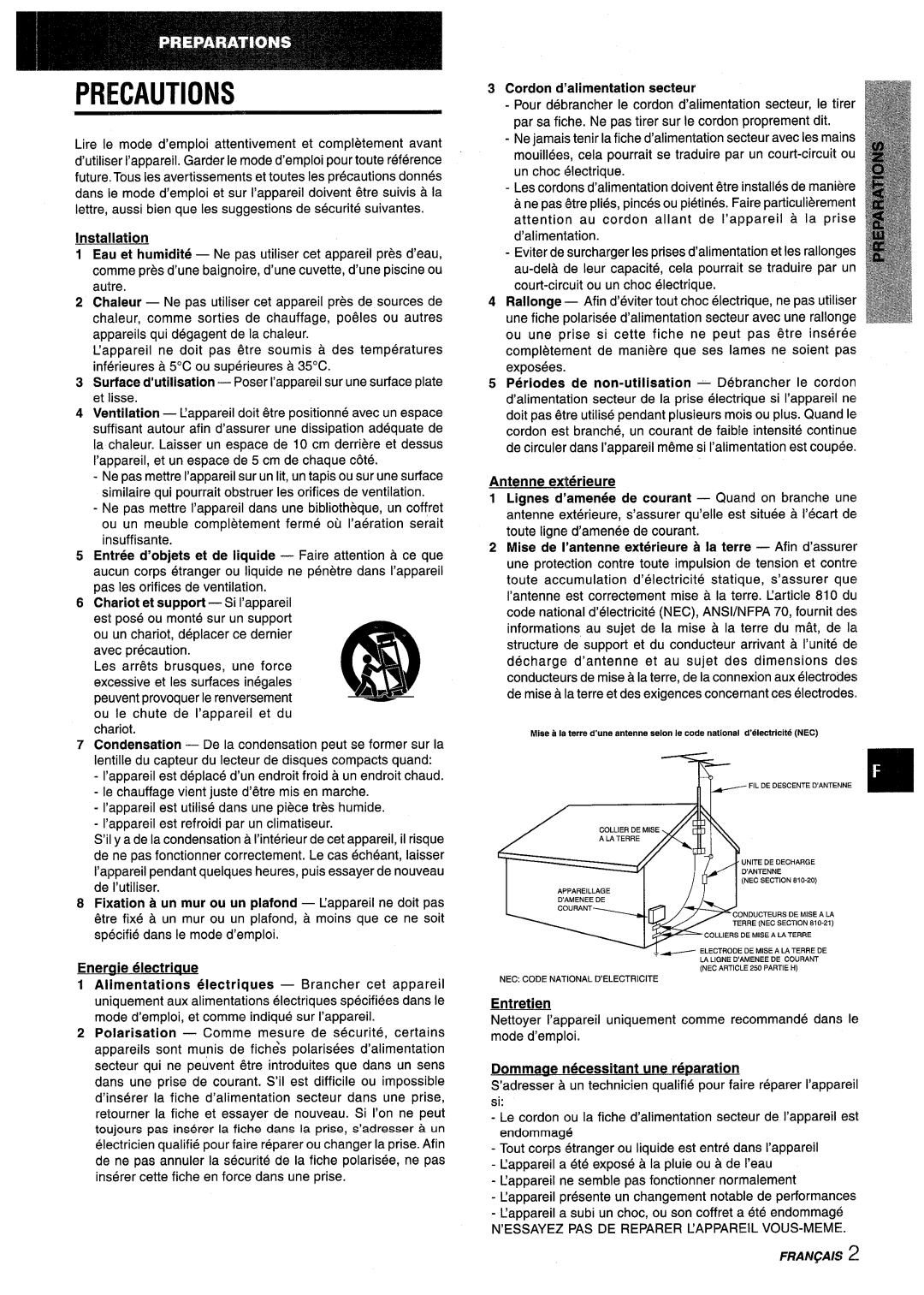 Aiwa NSX-V9000 manual Dommaae necessitant une reparation, Installation, Eneraie electriaue, Cordon d’alimentation secteur 