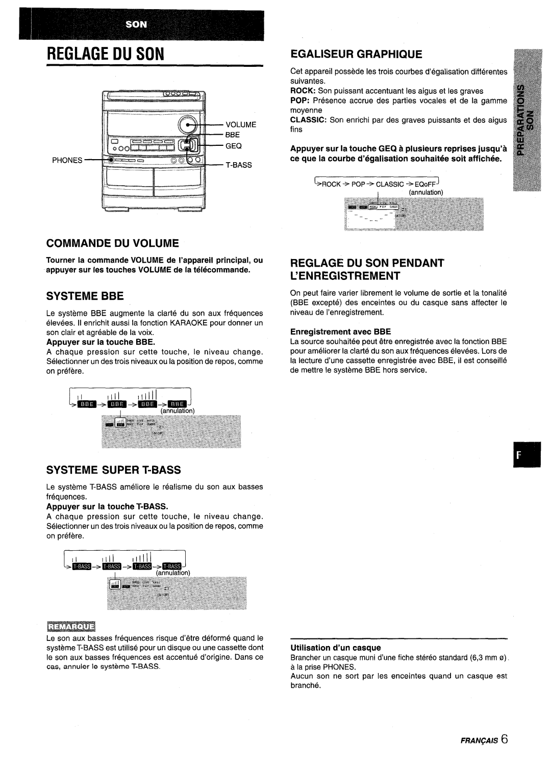 Aiwa NSX-V9000 manual Reglage Du Son, Commande Du Volume, Systeme Bbe, Systeme Super T-Bass, Egaliseur, Graphique, fins 