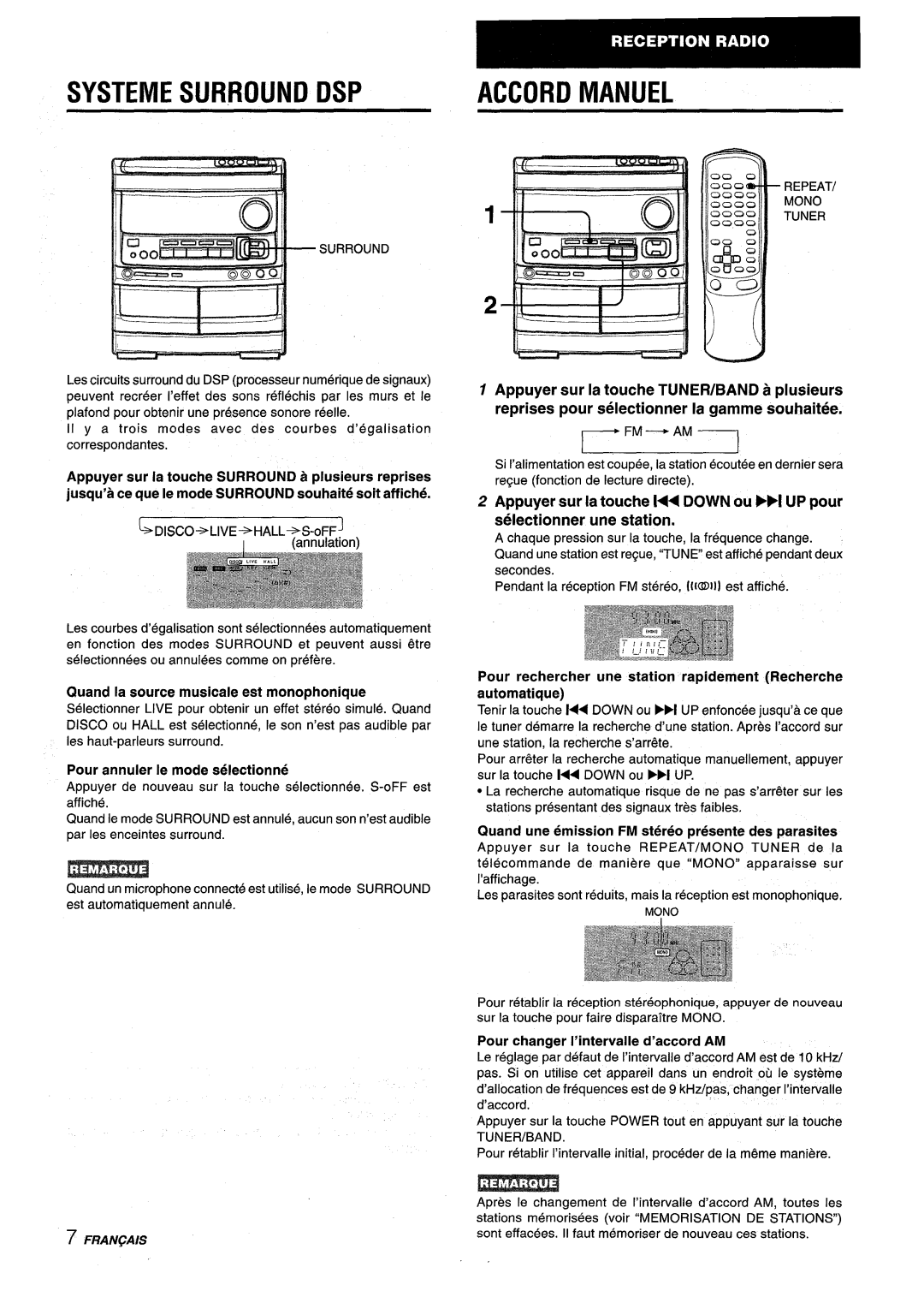 Aiwa NSX-V9000 manual Systeme Surround Dsp, Fm -Am I, Appuyer sur la touche 1 DOWN ou Fl UP pour selectionner une station 