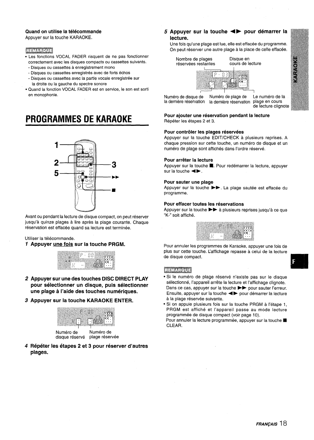 Aiwa NSX-V9000 manual Pfiogrammes De Karaoke, Quand on utilise la telecommande, Appuyer une fois sur la touche PRGM 