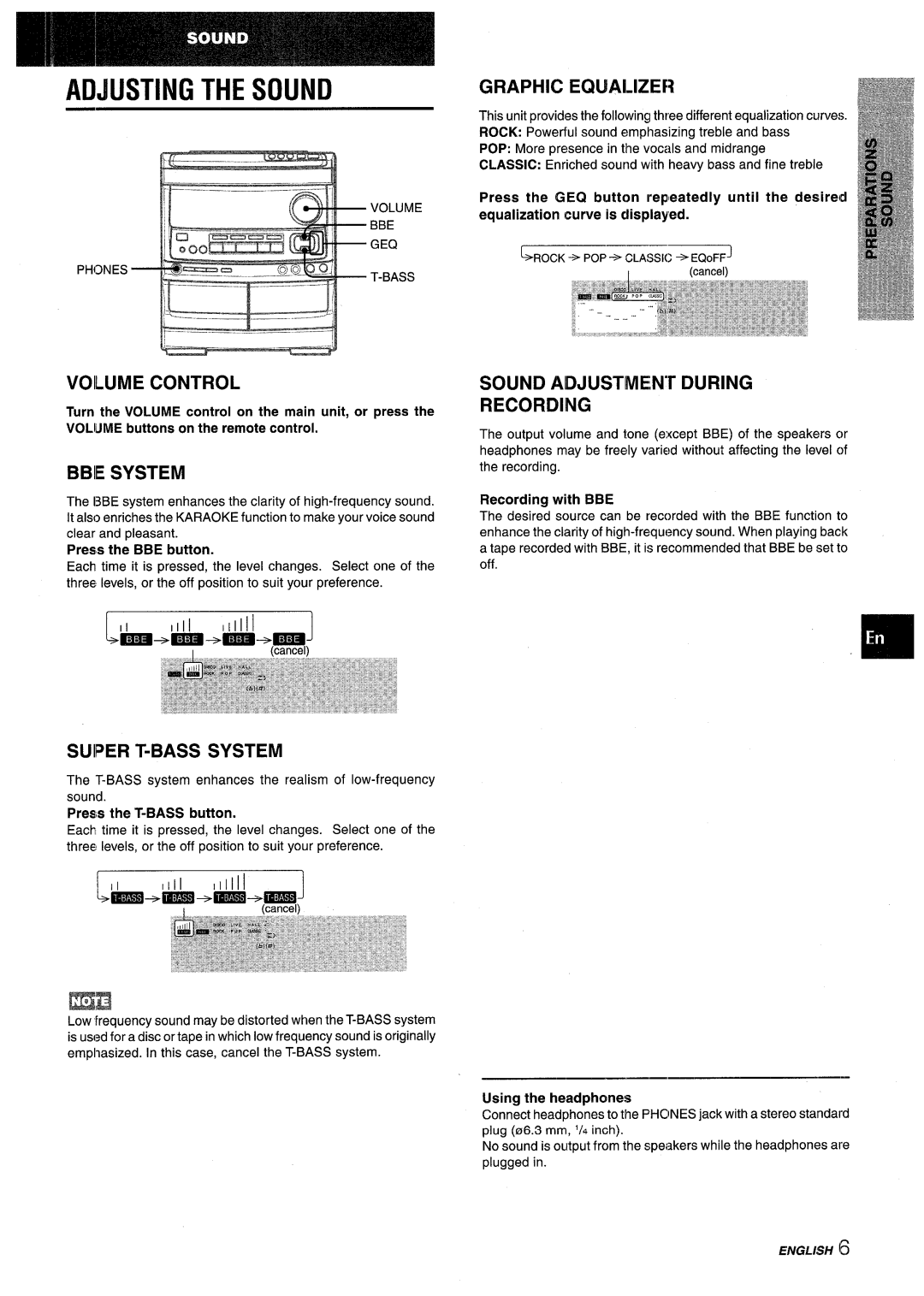 Aiwa NSX-V9000 Adjusting The Sound, Voilume Control, Bbie System, Graphic Equalizer, SOUND ADJUSTME,N”r DURING RECORDING 