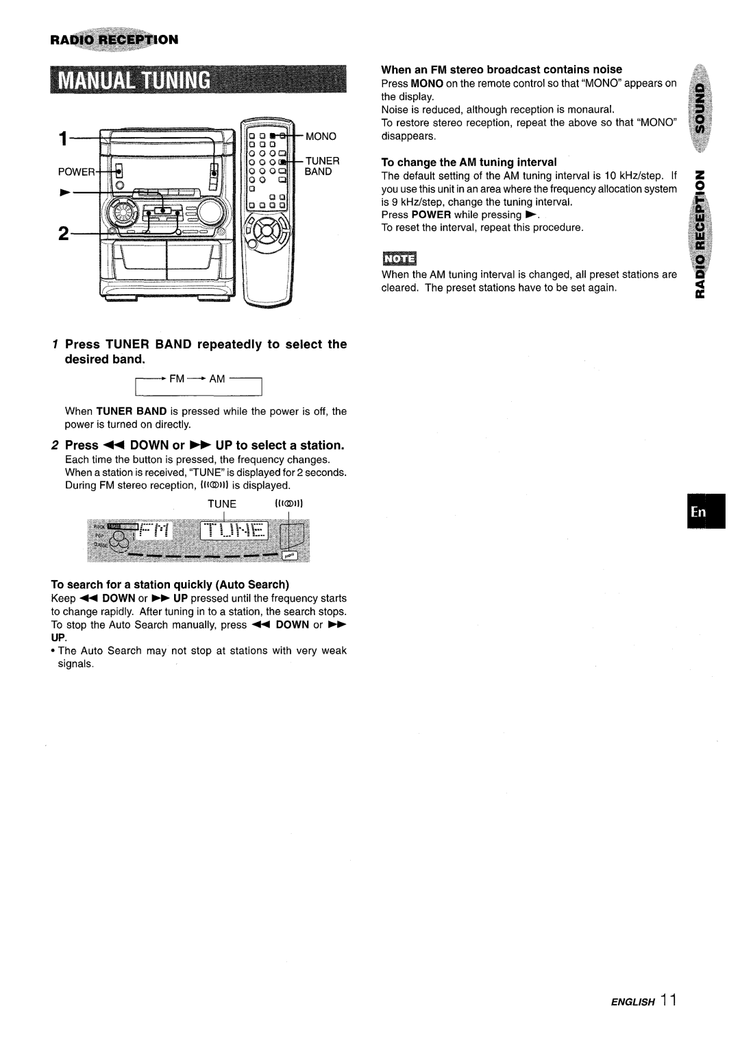 Aiwa SX-WNA555 Press Tuner Band repeatedly to select the desired band, Press + Down or UP to select a station, English 