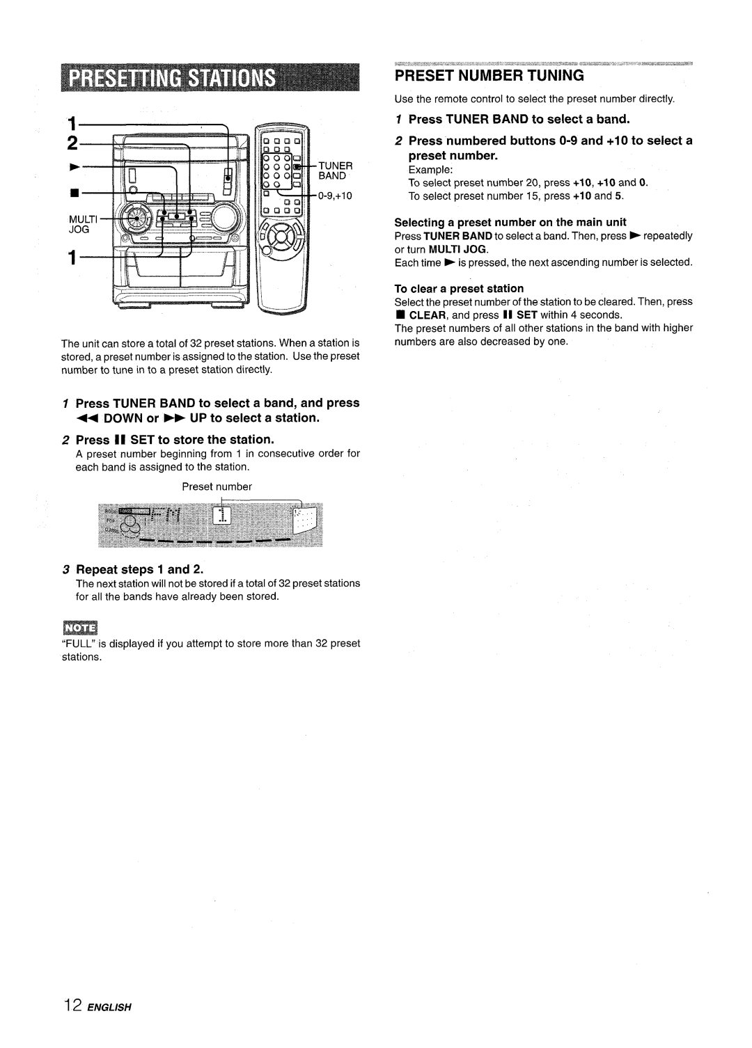 Aiwa SX-C605, SX-WNA555 manual Repeat steps 1, Selecting a preset number on the main unit, To clear a preset station 