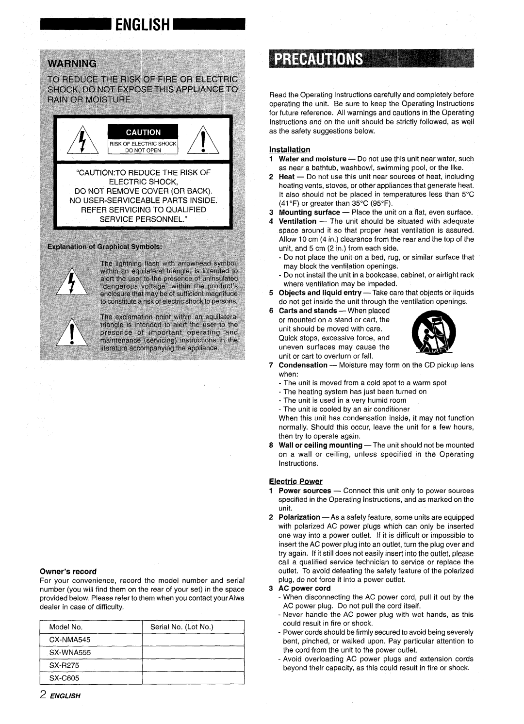 Aiwa SX-C605 manual CX-NMA545 SX-WNA555 