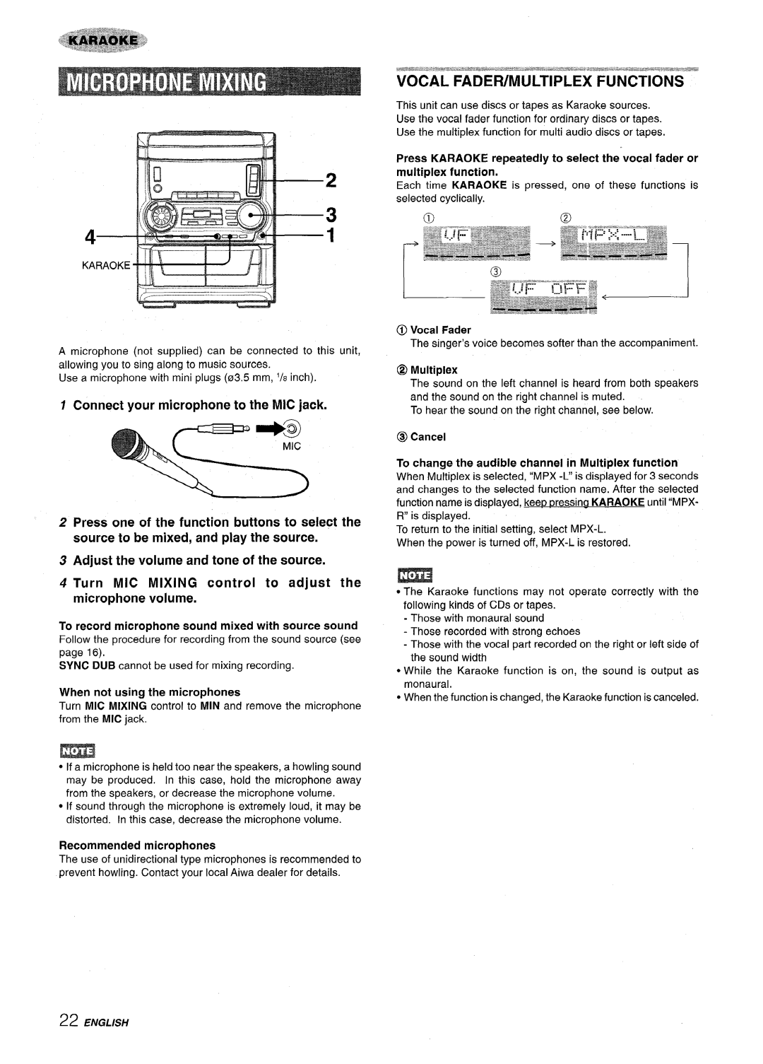 Aiwa SX-C605, SX-WNA555 manual Turn MIC Mixing control to adjust the microphone volume 