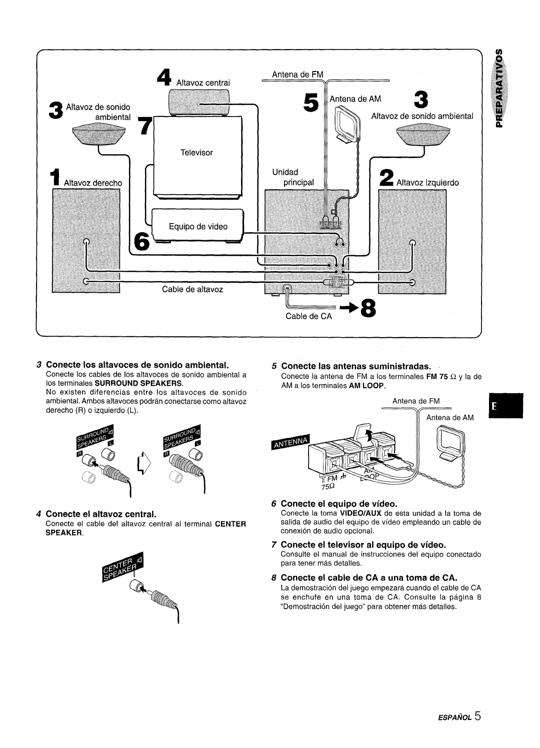 Aiwa SX-WNA555 Conecte Ios altavoces de sonido ambiental, Conecte el altavoz central, Conecte Ias antenas suministradas 