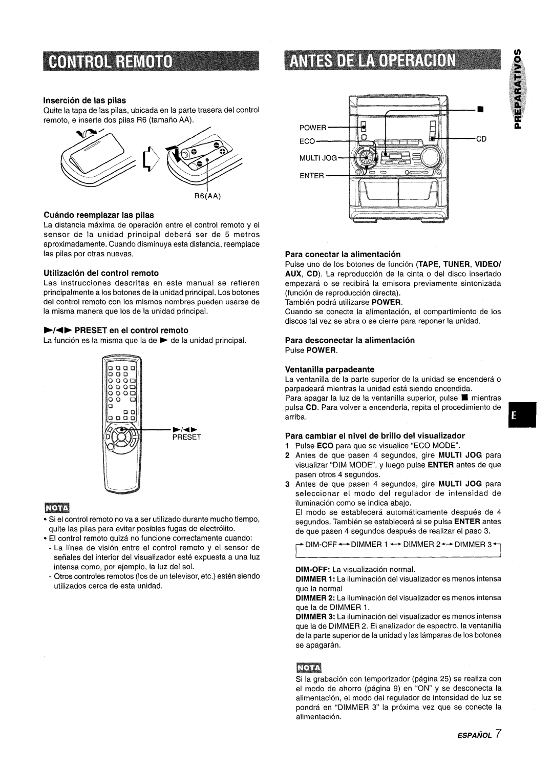 Aiwa SX-WNA555 Insertion de Ias pilas, Cuando reemplazar Ias pilas, Utilizaclon del control remoto, Ventanilla parpadeante 