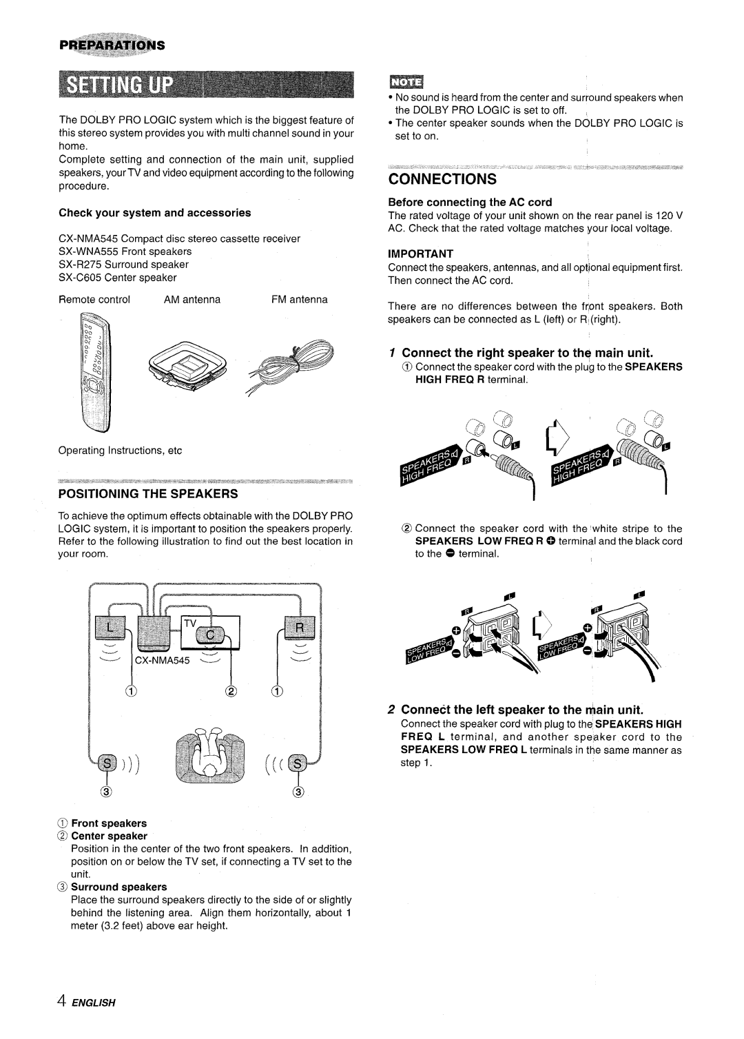 Aiwa SX-C605 manual Connections, Connect the right speaker to the main unit, Connect the left speaker to the rhain unit 