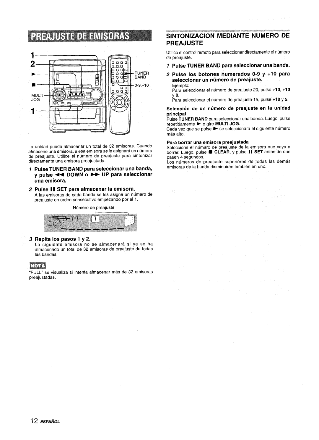 Aiwa SX-C605, SX-WNA555 manual Preajuste, Repita Ios pasos 1 y, Seleccion de un ncimero de preajuste en la unidad principal 