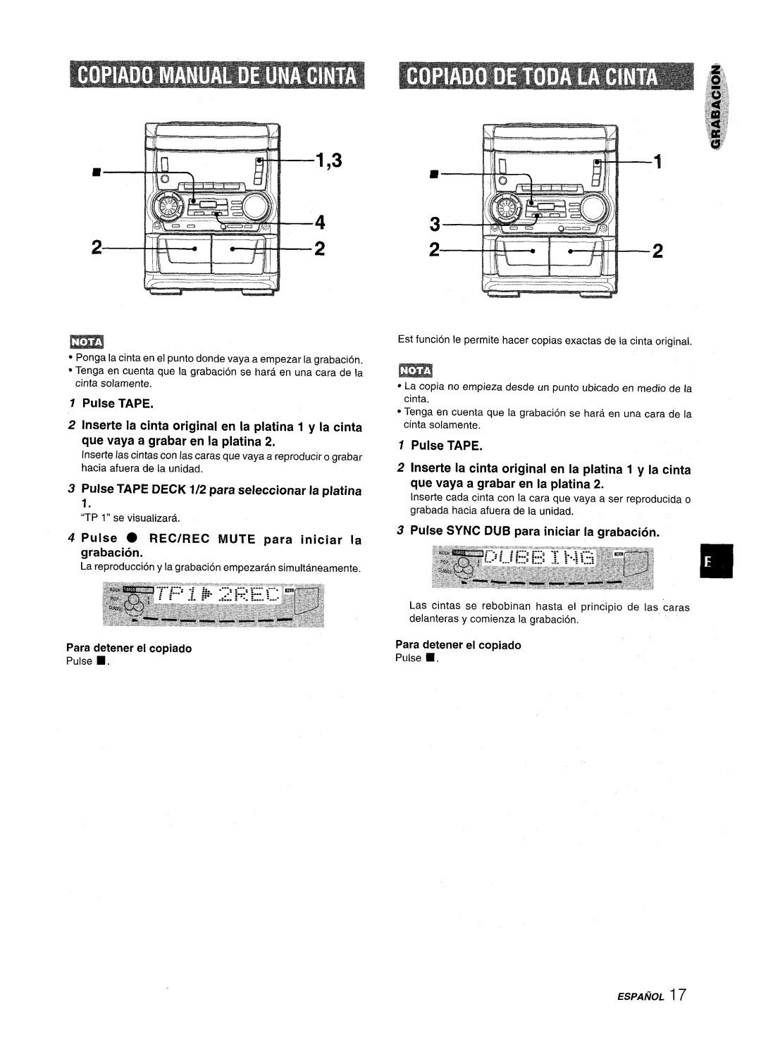 Aiwa SX-WNA555, SX-C605 manual Pulse Tape Deck 1/2 para seleccionar la platina, Pulse REC/REC Mute ~ara iniciar la grabacion 