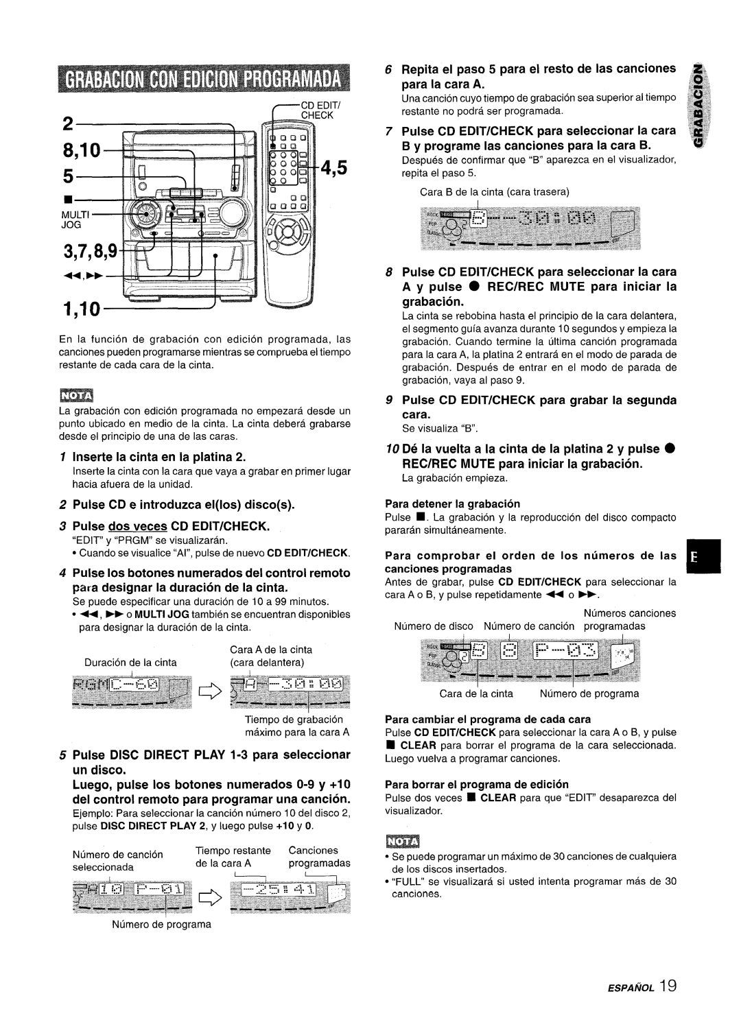 Aiwa SX-WNA555, SX-C605 manual Pulse CD EDIT/CHECK para grabar la segunda cara, Para detener la grabacion 