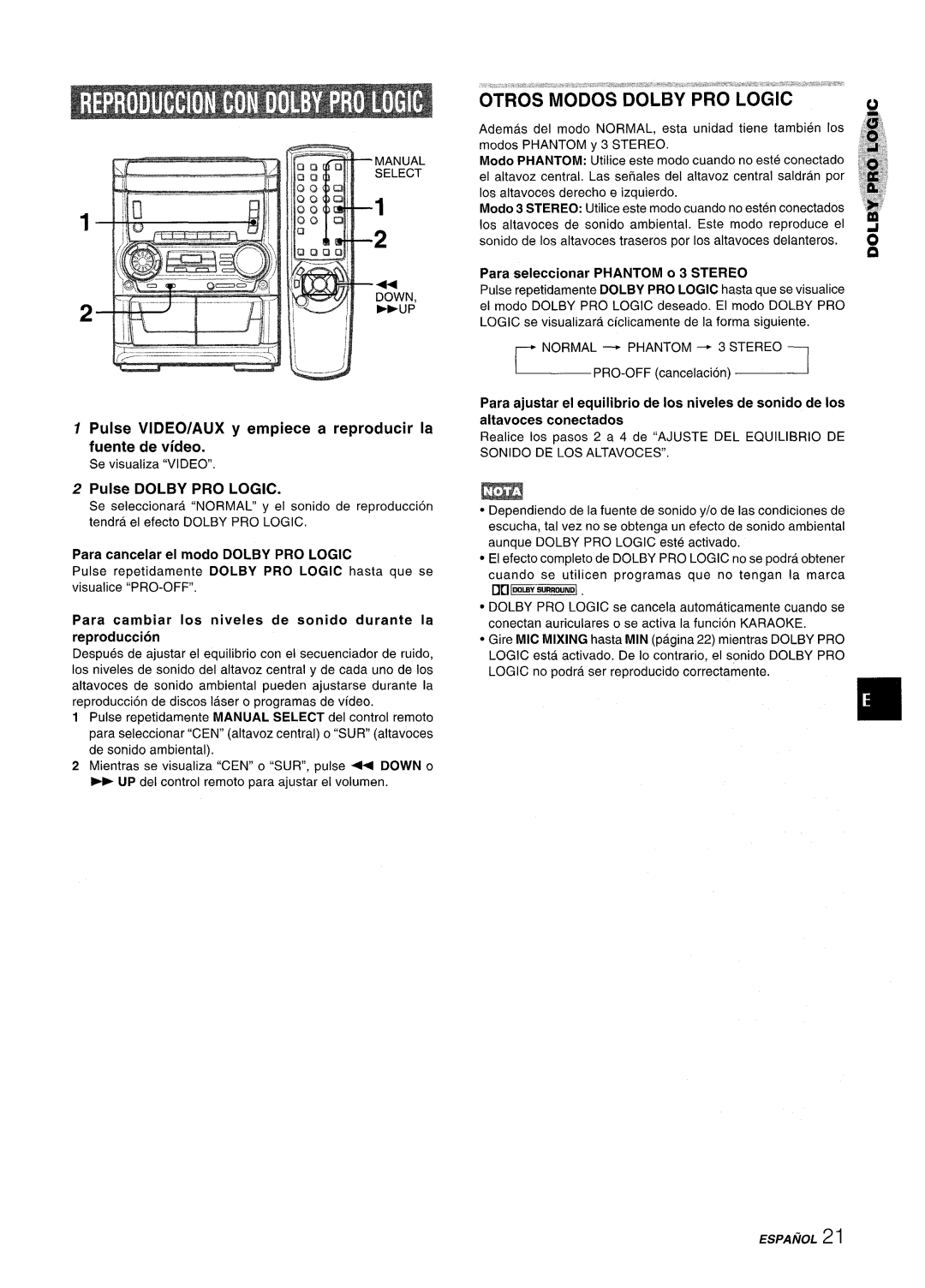 Aiwa SX-WNA555 manual Pulse Dolby PRO Logic, Fh-Jp, Para cancelar el modo Dolby PRO Logic, ~ Normal ~ Phantom ~ 3 Stereo ~ 