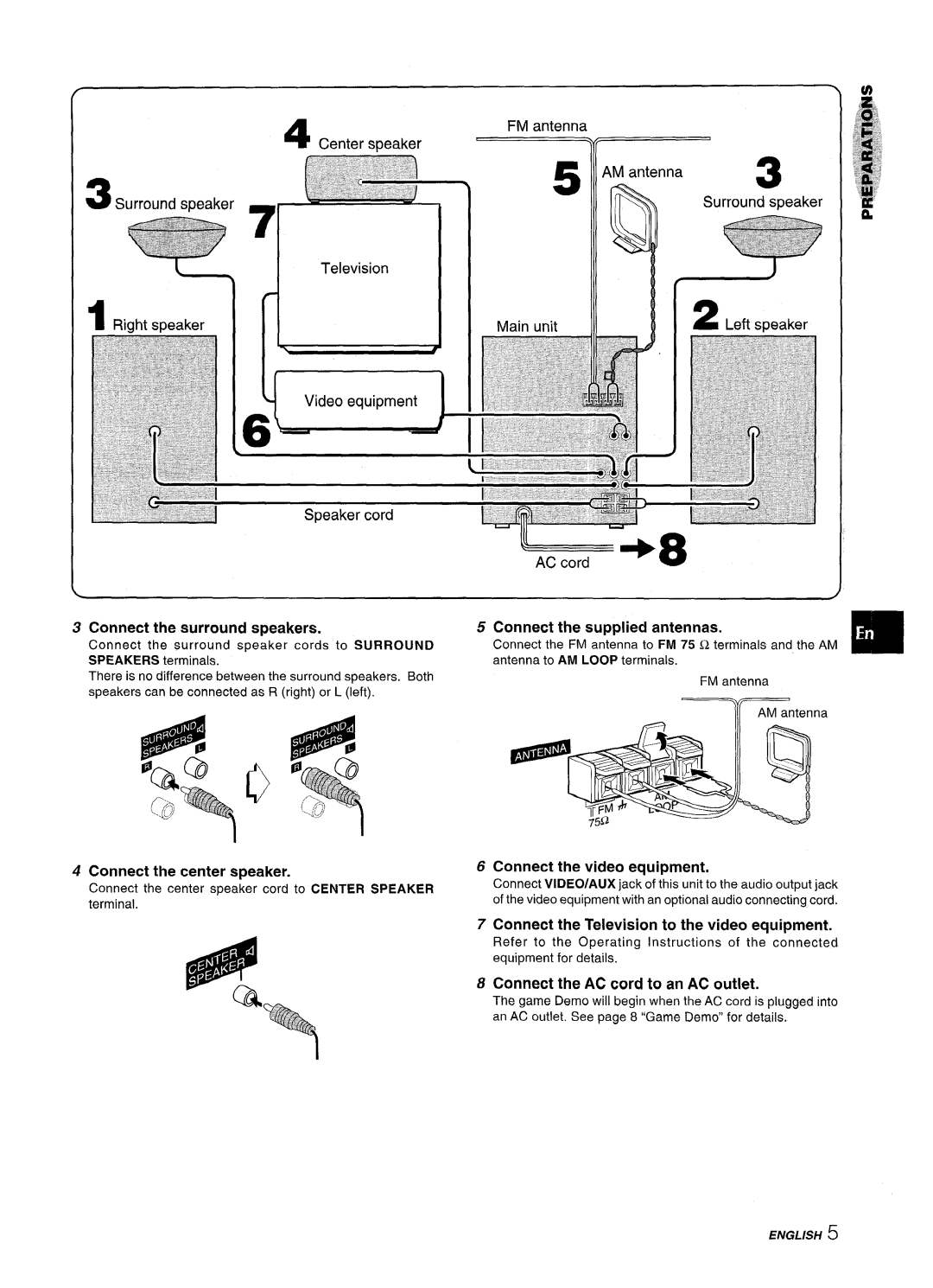 Aiwa SX-WNA555 AM antenna, Surround speaker, Riaht s~eaker, Connect the surround speakers, Connect the center speaker 