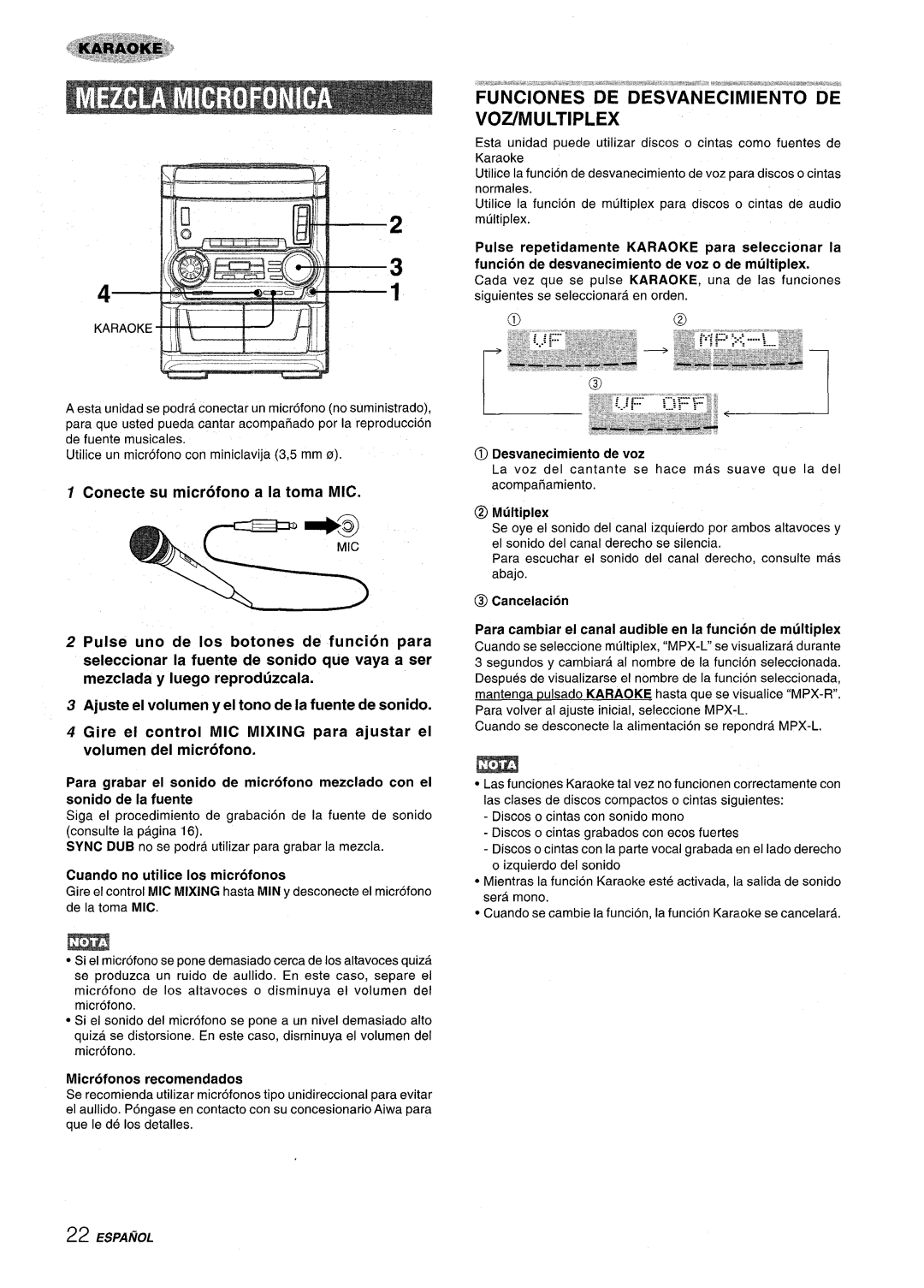 Aiwa SX-C605, SX-WNA555 manual Microfonos recomendados, @ Desvanecimiento de voz 